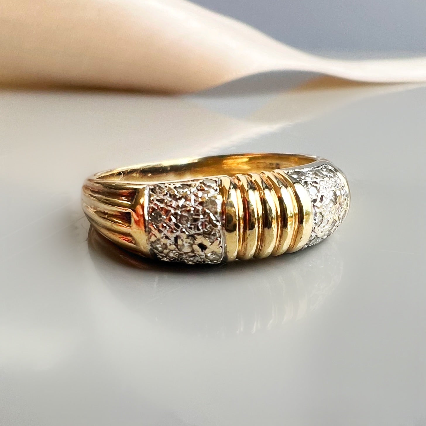 Vintage 9ct Gold and Pave Diamond Ridged Band Ring