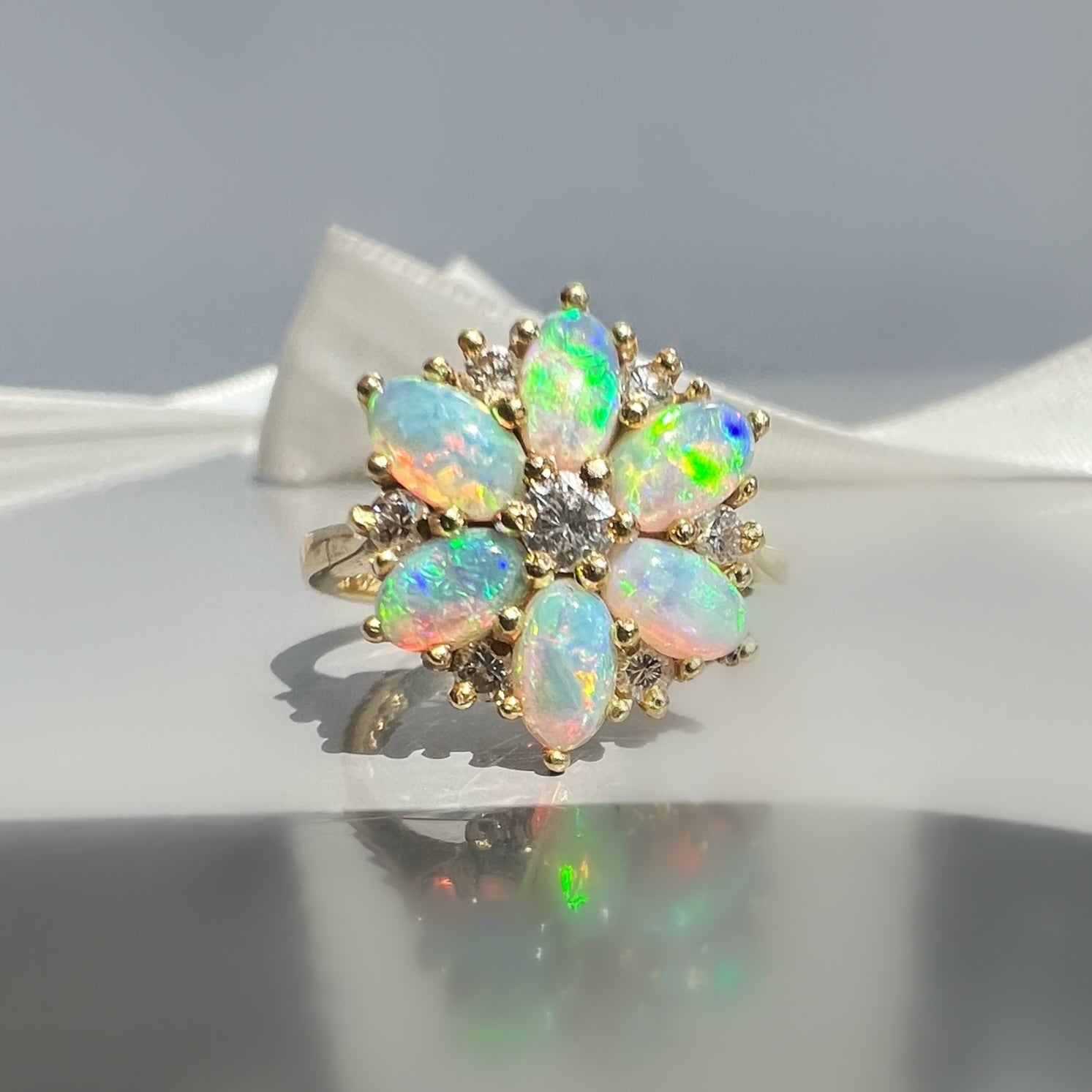 Vintage Opal and Diamond Cluster Ring in 18ct Gold by Cropp and Farr