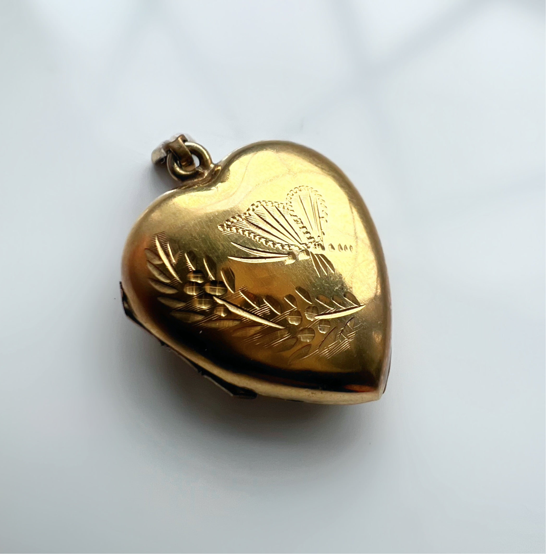 Medium Antique 9ct Gold Back and Front Heart Locket with Butterfly Etching