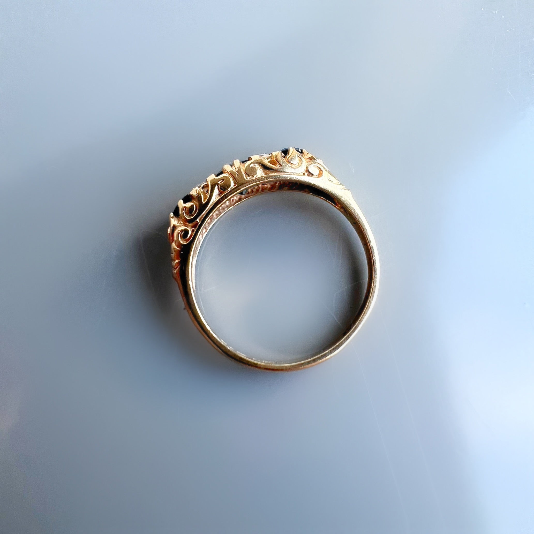 Vintage 3 Sapphire 9ct Gold Half Hoop Ring with Diamond Accents