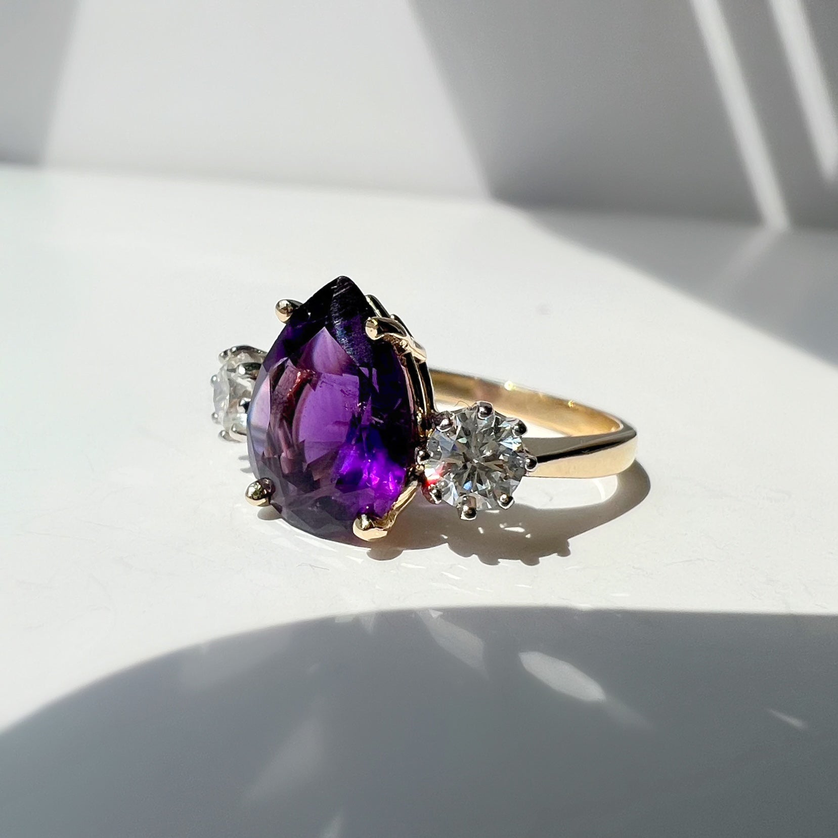 Pear Shaped Amethyst and Diamond 3 Stone Ring