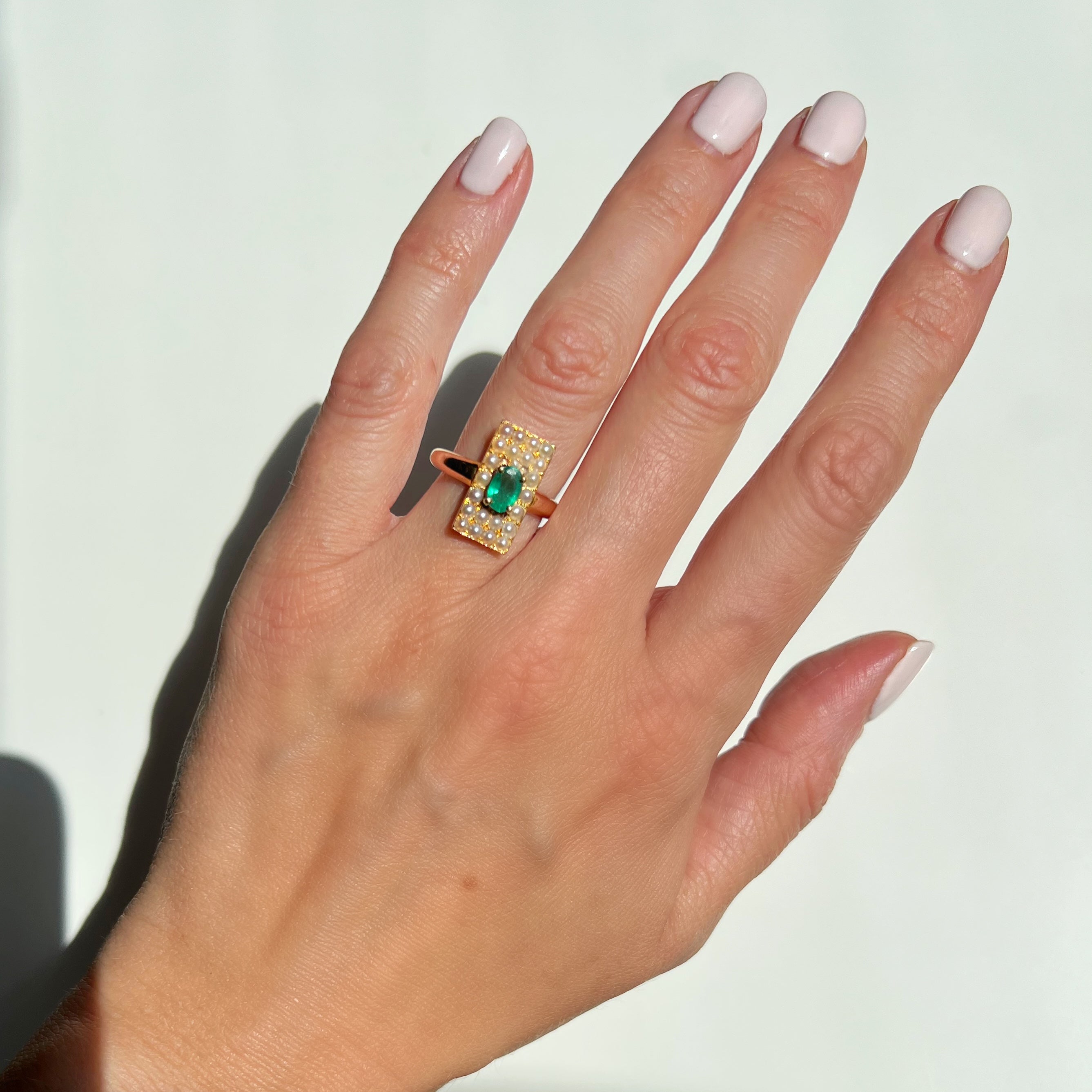Antique Emerald and Pearl Rectangular Ring