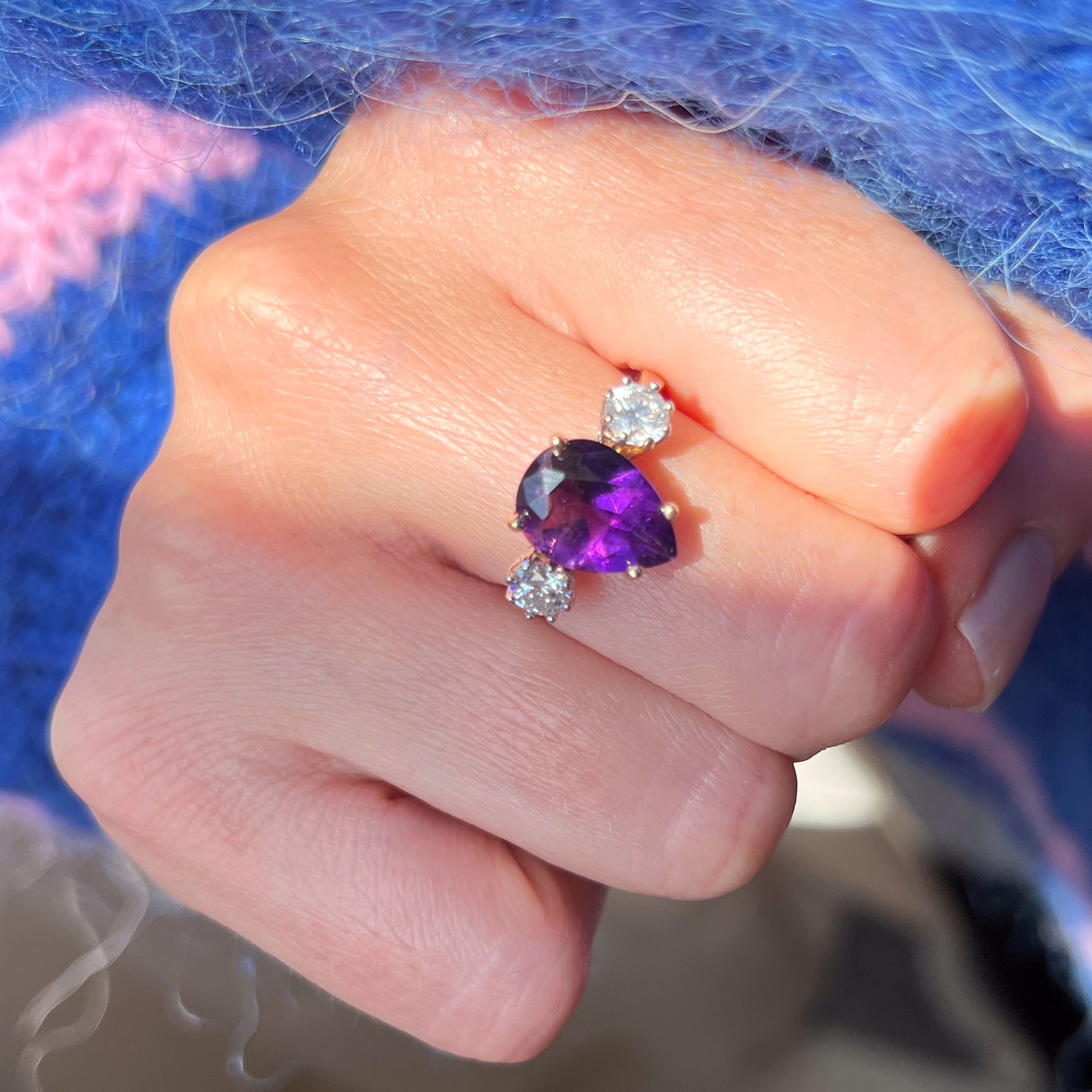 Pear Shaped Amethyst and Diamond 3 Stone Ring