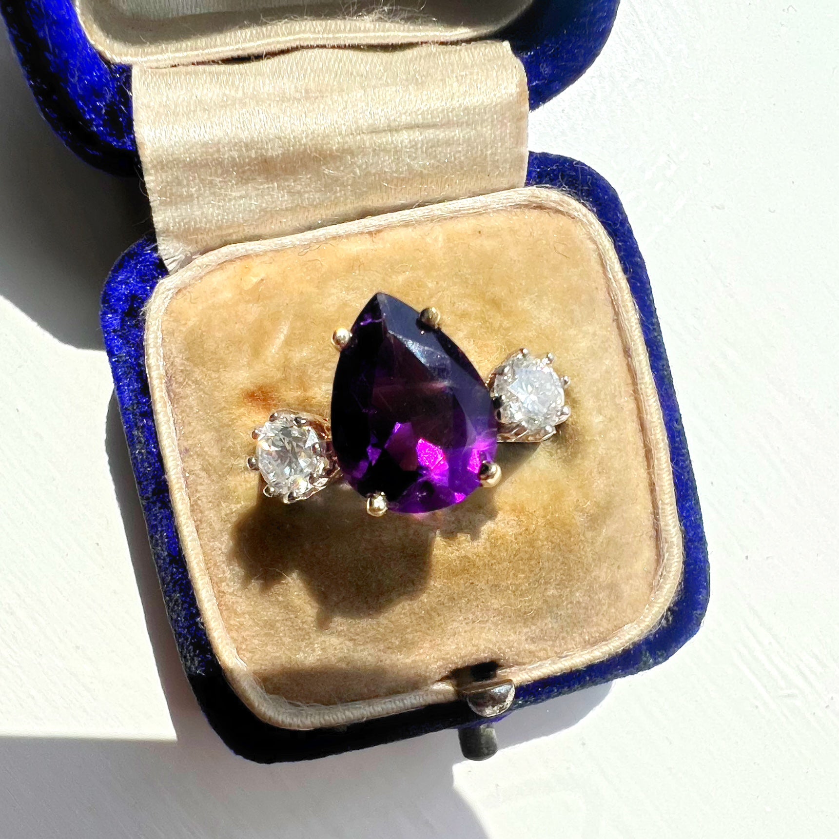 Pear Shaped Amethyst and Diamond 3 Stone Ring