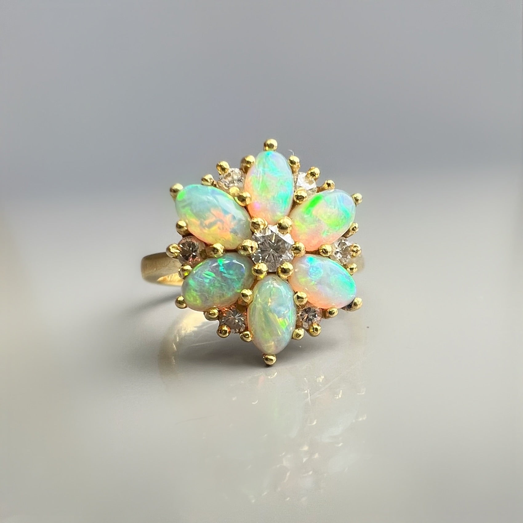Vintage Opal and Diamond Cluster Ring in 18ct Gold by Cropp and Farr