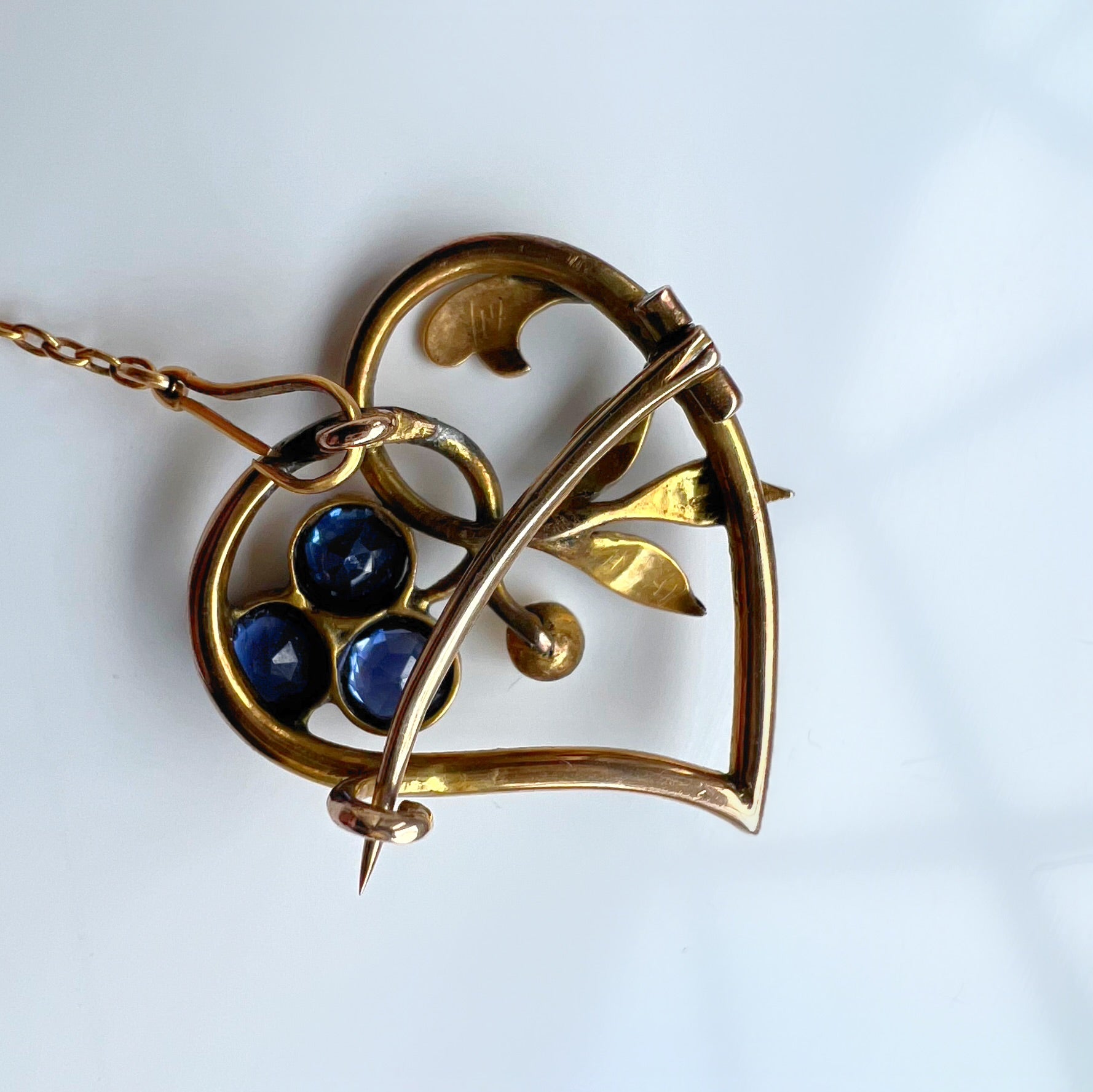 Antique Floral Heart Brooch / Pendant with Sapphires