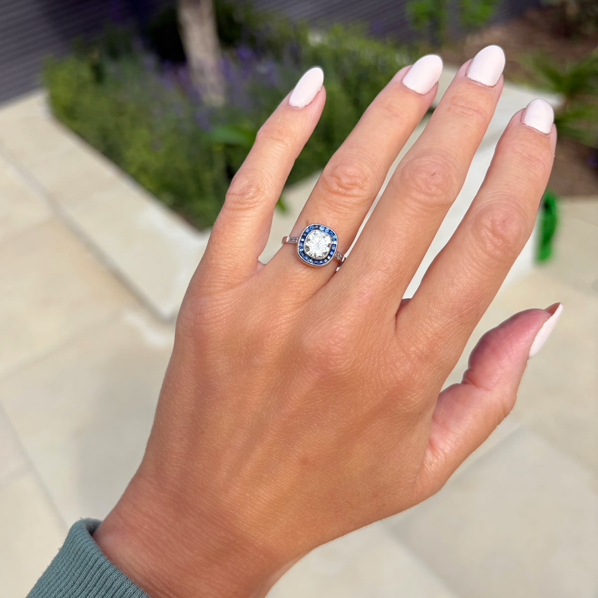 Antique Art Deco 1.32ct Old Cut Diamond and Sapphire Target Ring
