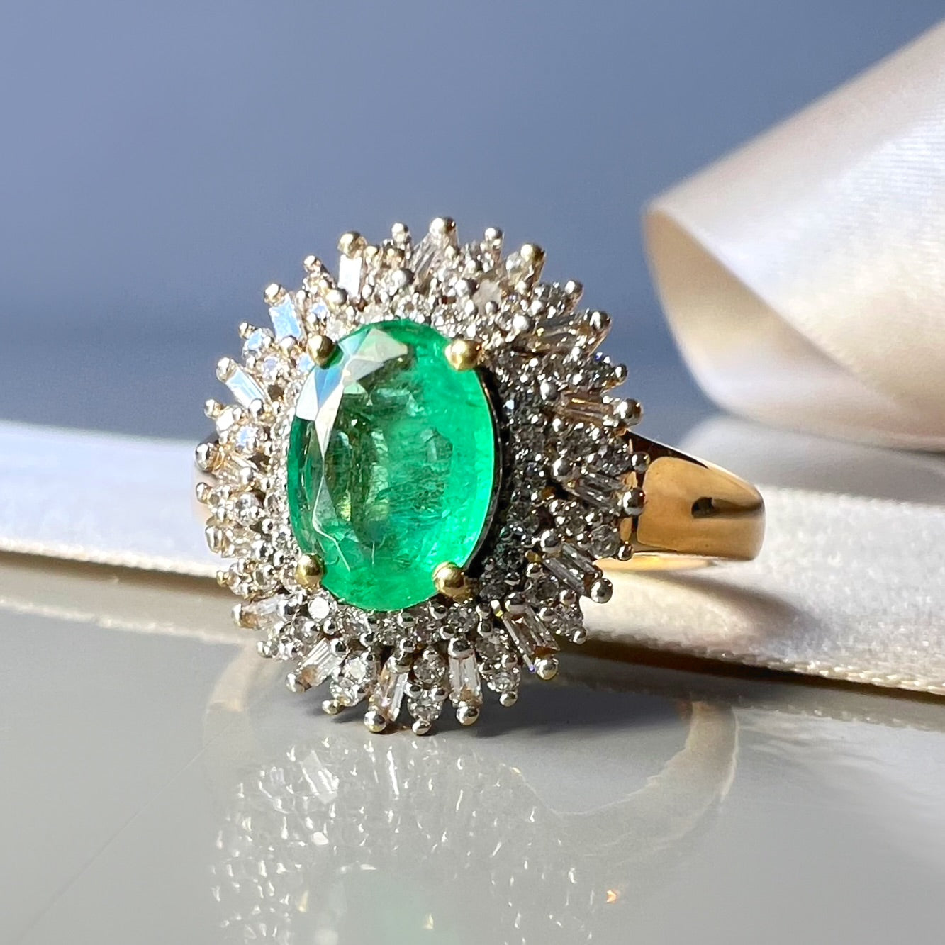 Emerald and Diamond Halo Ring