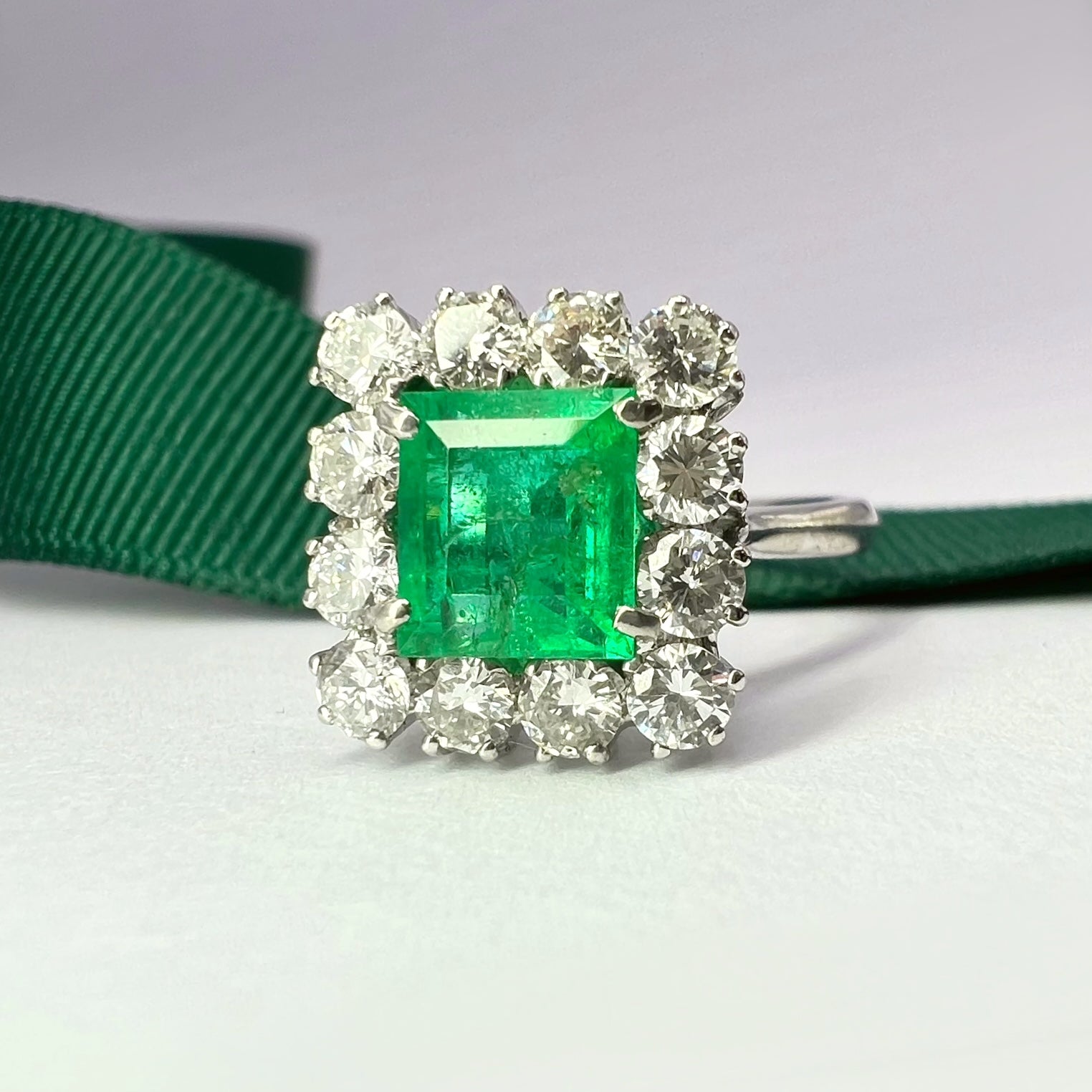 1.46ct Emerald and Diamond Square Cut Halo Ring