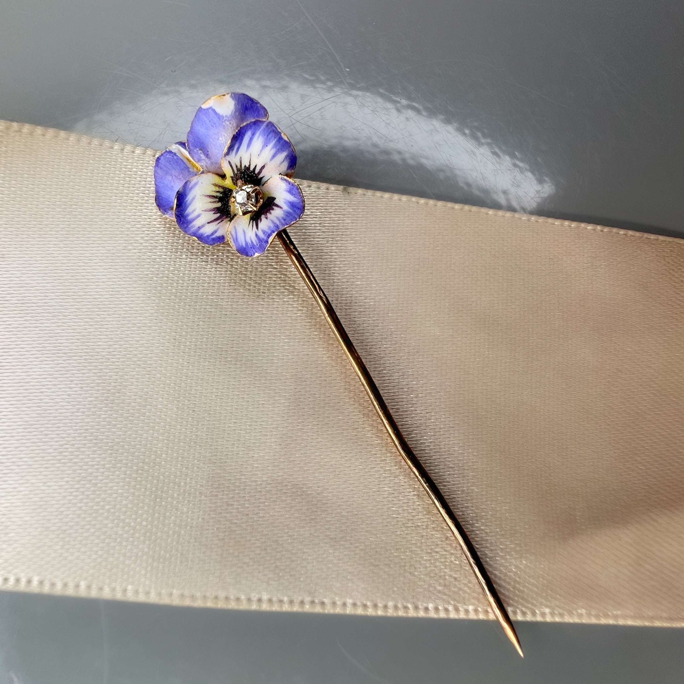 Enamel and Diamond Pansy Stick Pin