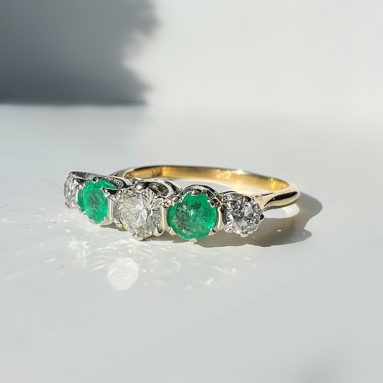 Vintage Diamond and Emerald 5 Stone Line Ring
