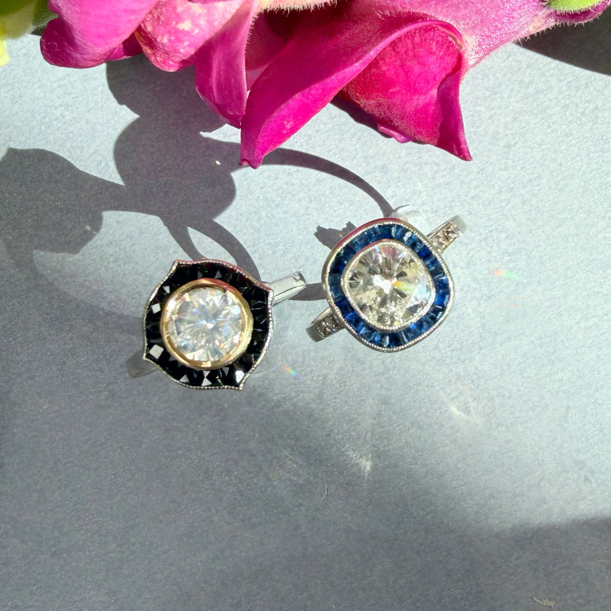 Antique Art Deco 1.32ct Old Cut Diamond and Sapphire Target Ring