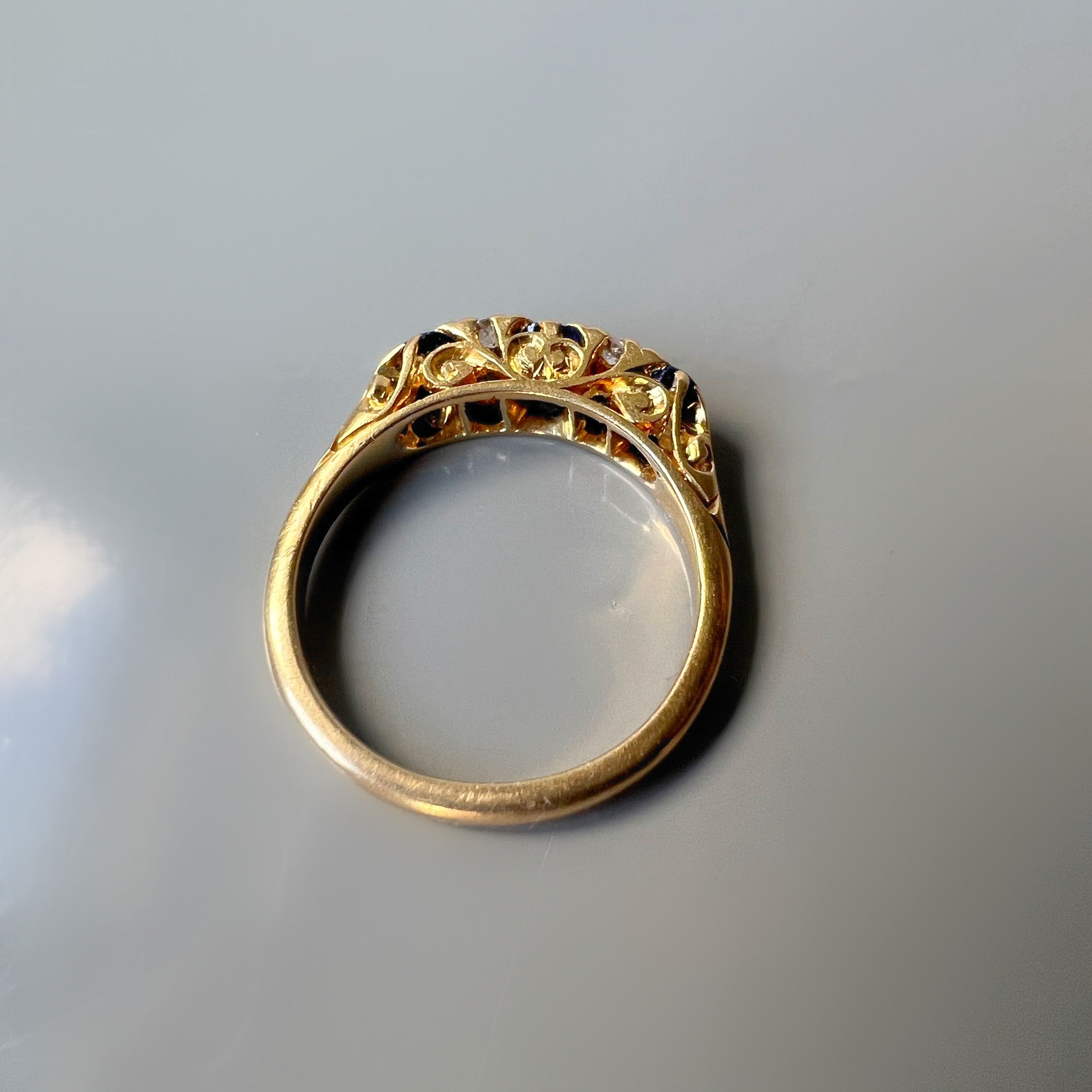 Edwardian Sapphire and Diamond Half Hoop 18ct Gold Carved Ring