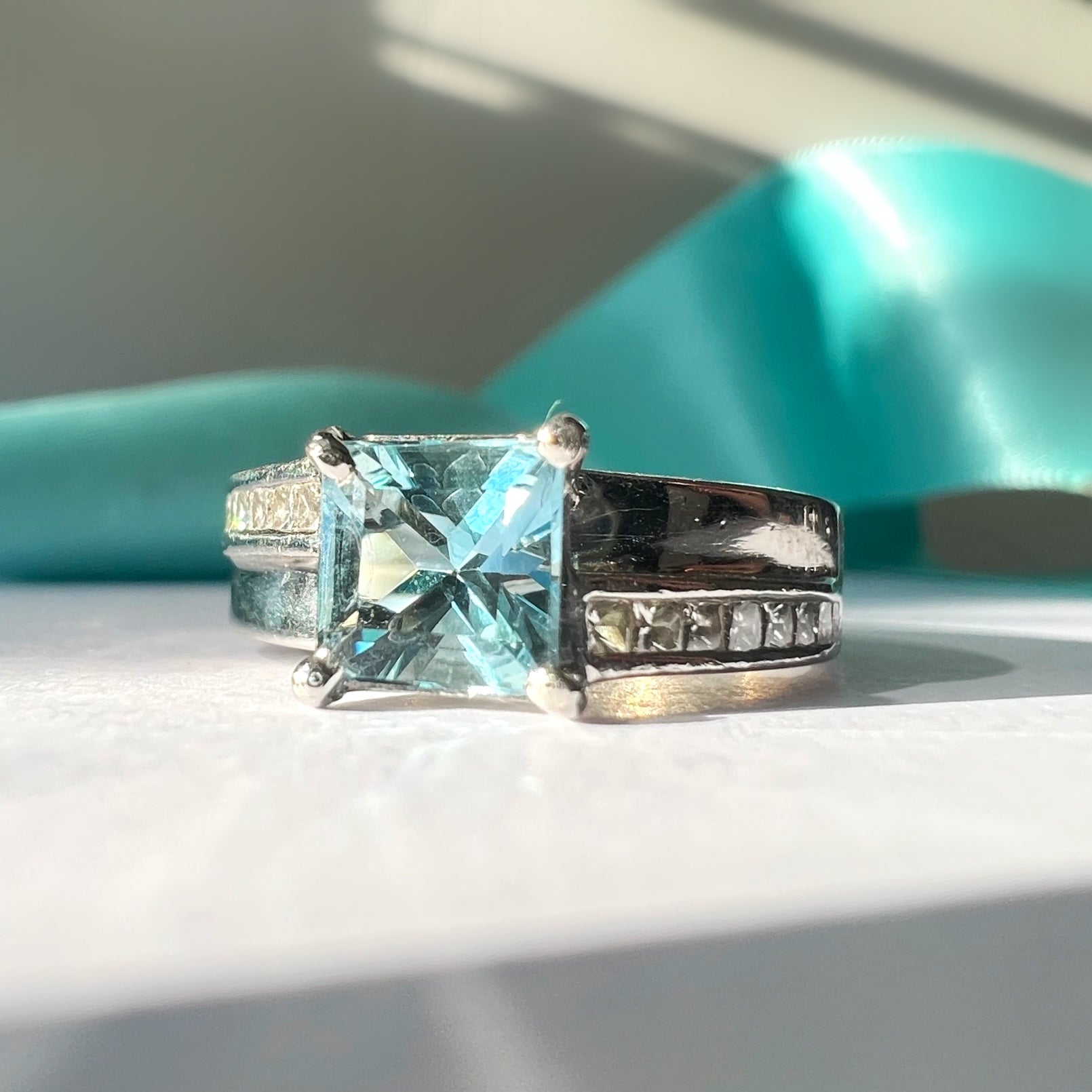 Aquamarine and Diamond Square Cut Ring