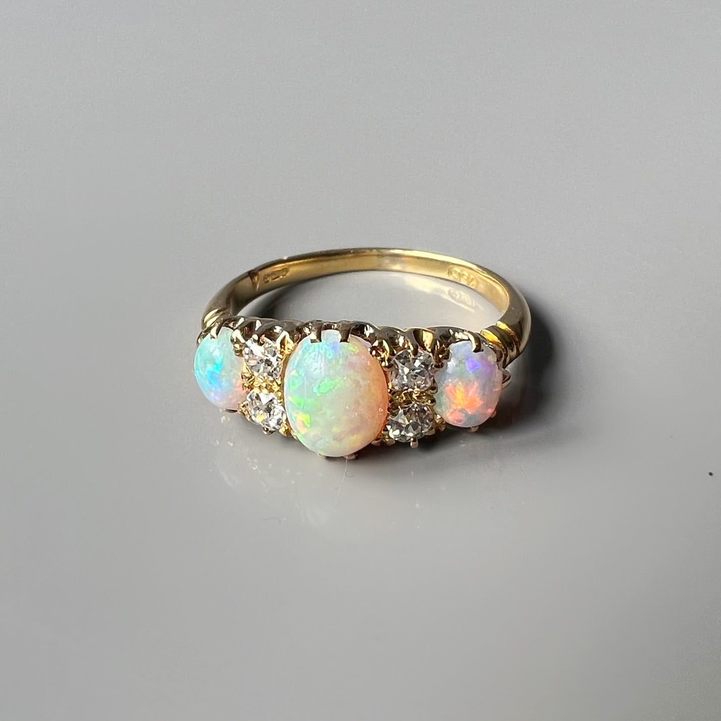 Antique 3 Stone Opal and Diamond Half Hoop Ring