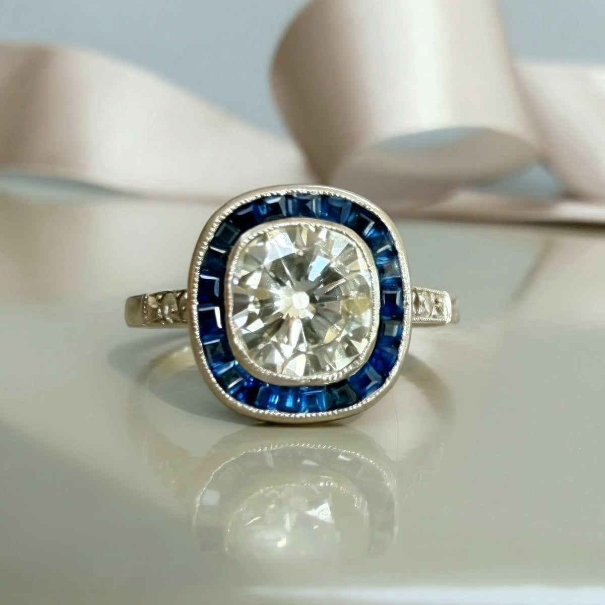 Antique Art Deco 1.32ct Old Cut Diamond and Sapphire Target Ring