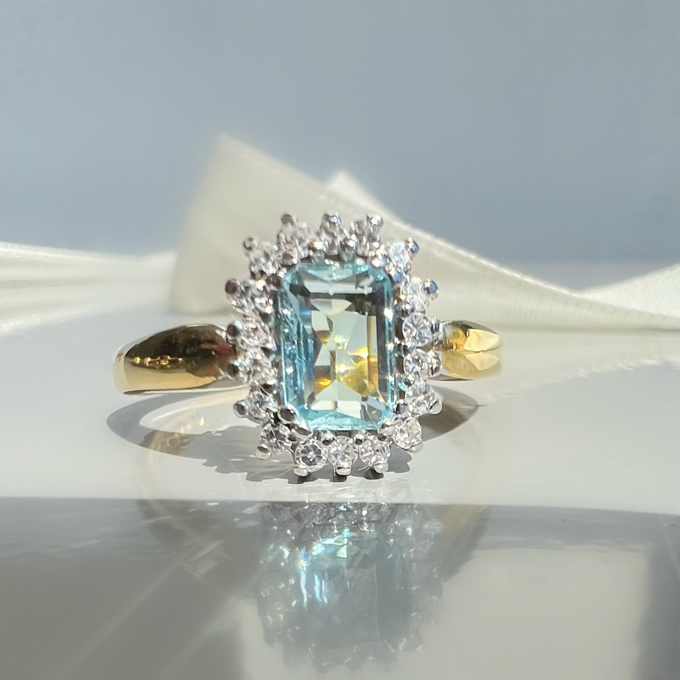 Vintage 1.00ct Aquamarine and Diamond Rectangular Ring