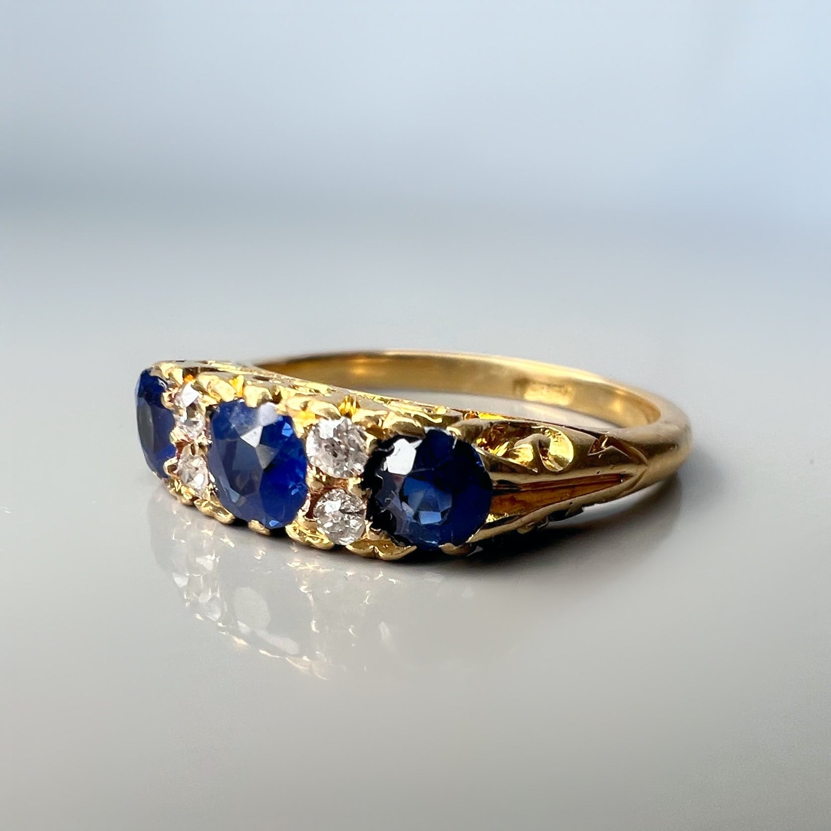 Edwardian Sapphire and Diamond Half Hoop 18ct Gold Carved Ring
