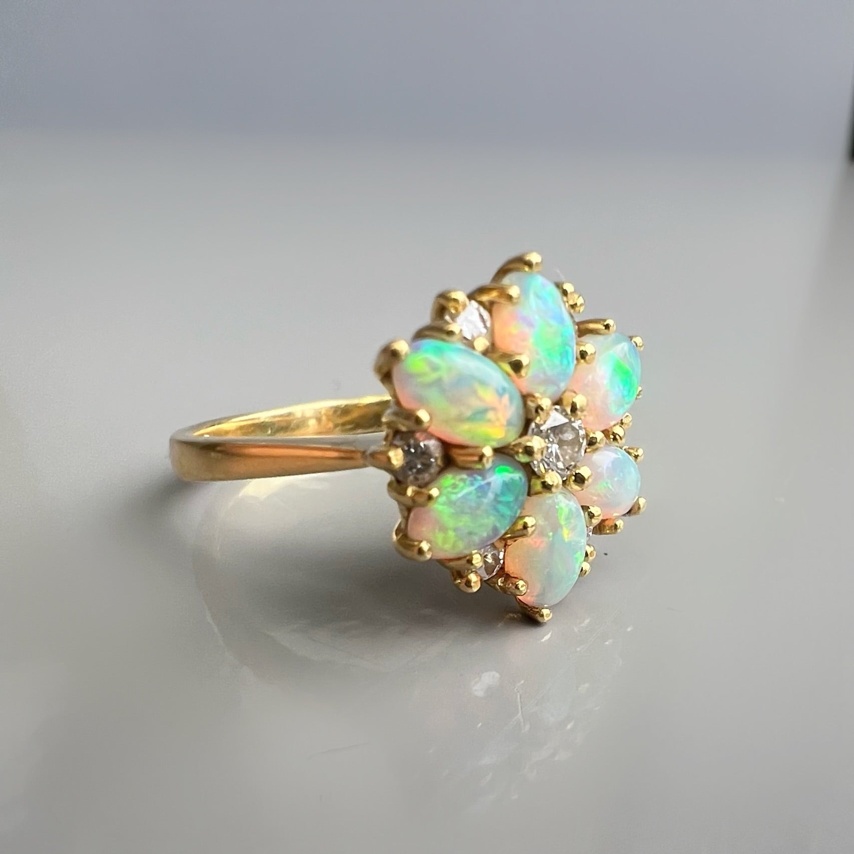 Vintage Opal and Diamond Cluster Ring in 18ct Gold by Cropp and Farr