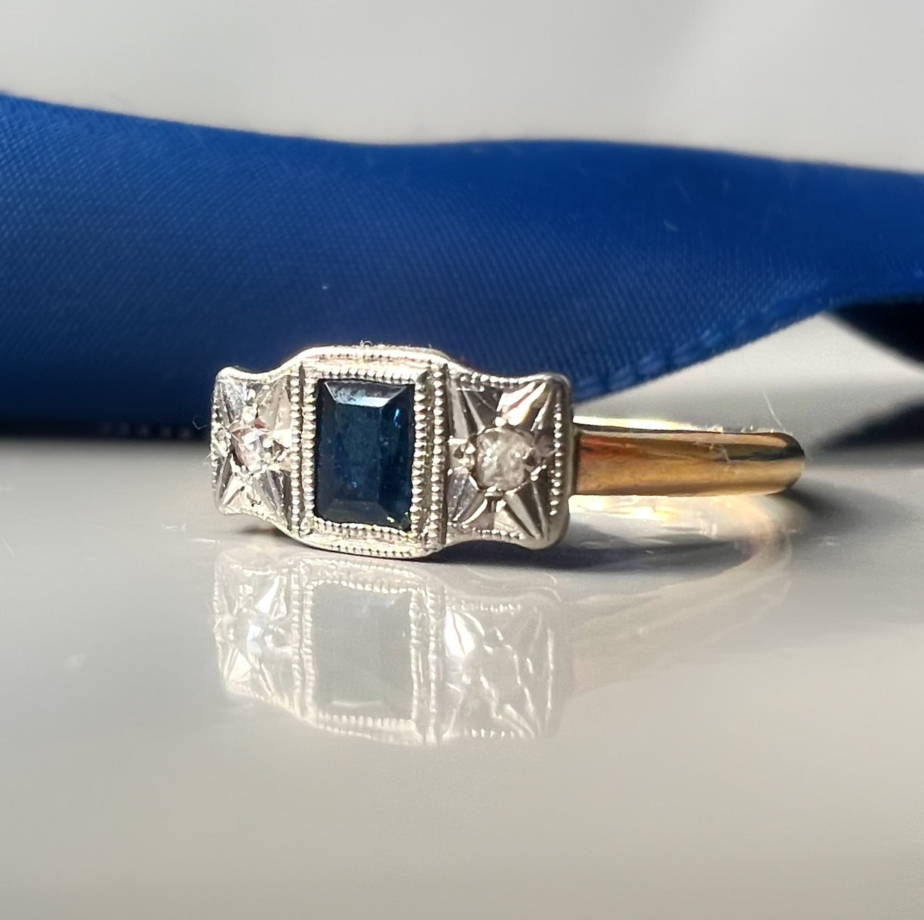 Art Deco Rectangular Sapphire and Diamond Ring