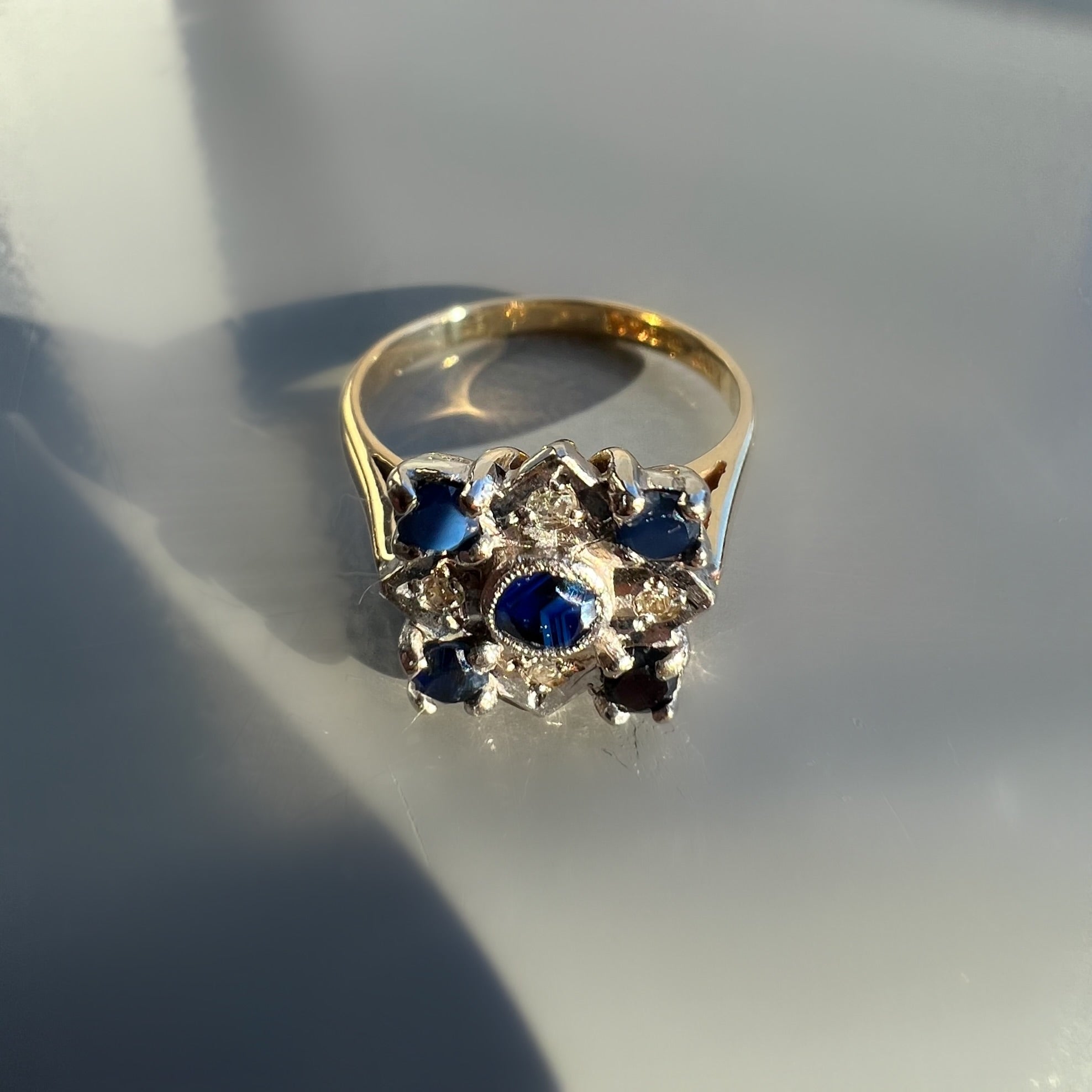 Vintage Sapphire and Diamond Square Shaped Cluster Ring