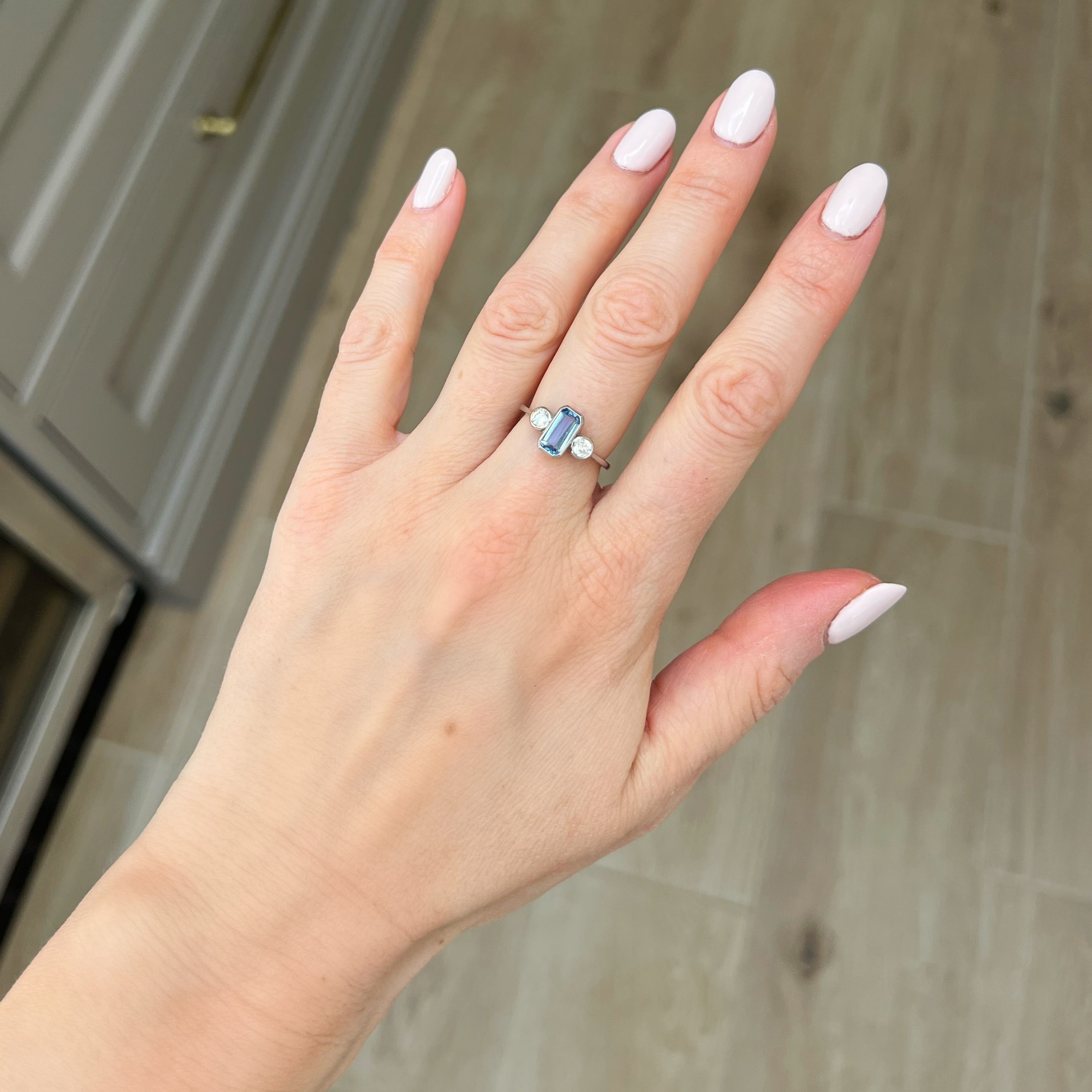 Bezel Set 0.80ct Aquamarine and 0.40ct Diamond 3 Stone ring in Platinum