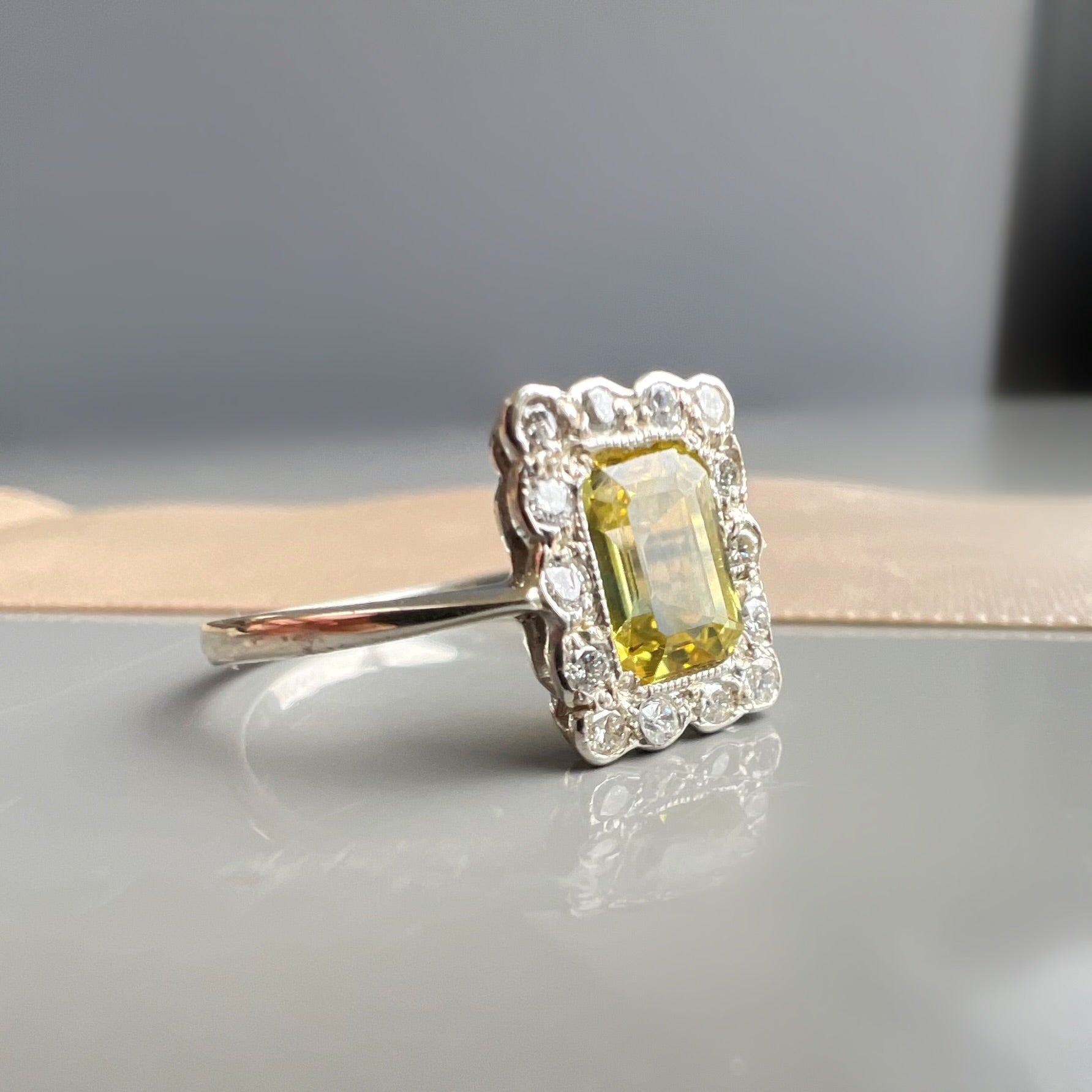 Yellow Sapphire and Diamond Halo Ring