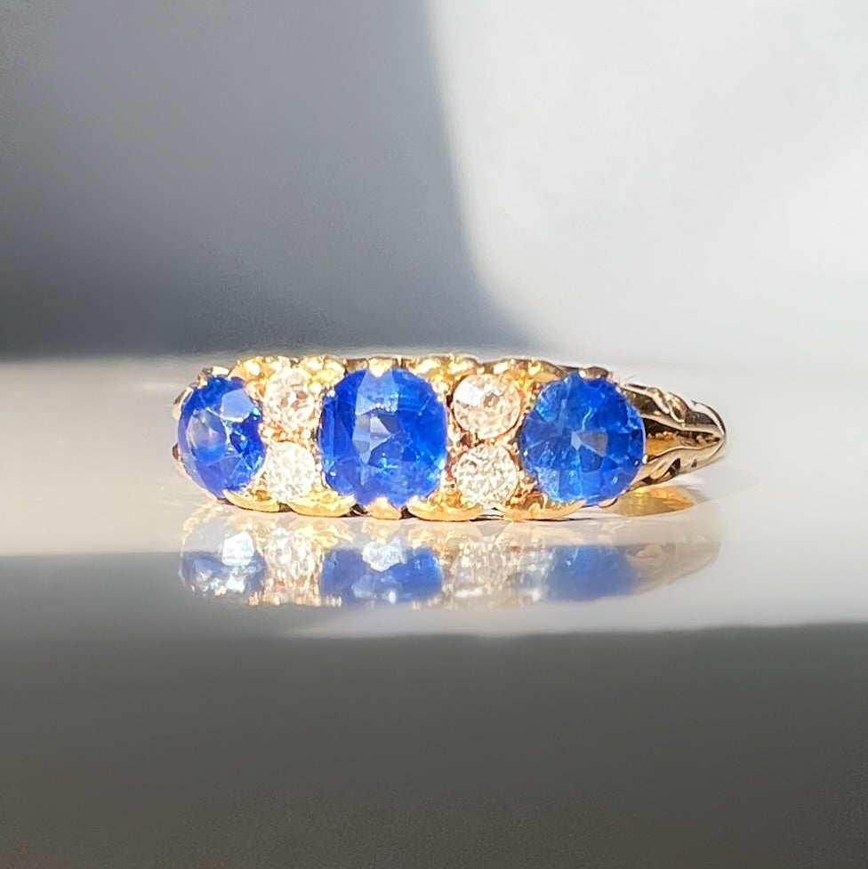 Edwardian Sapphire and Diamond Half Hoop 18ct Gold Carved Ring