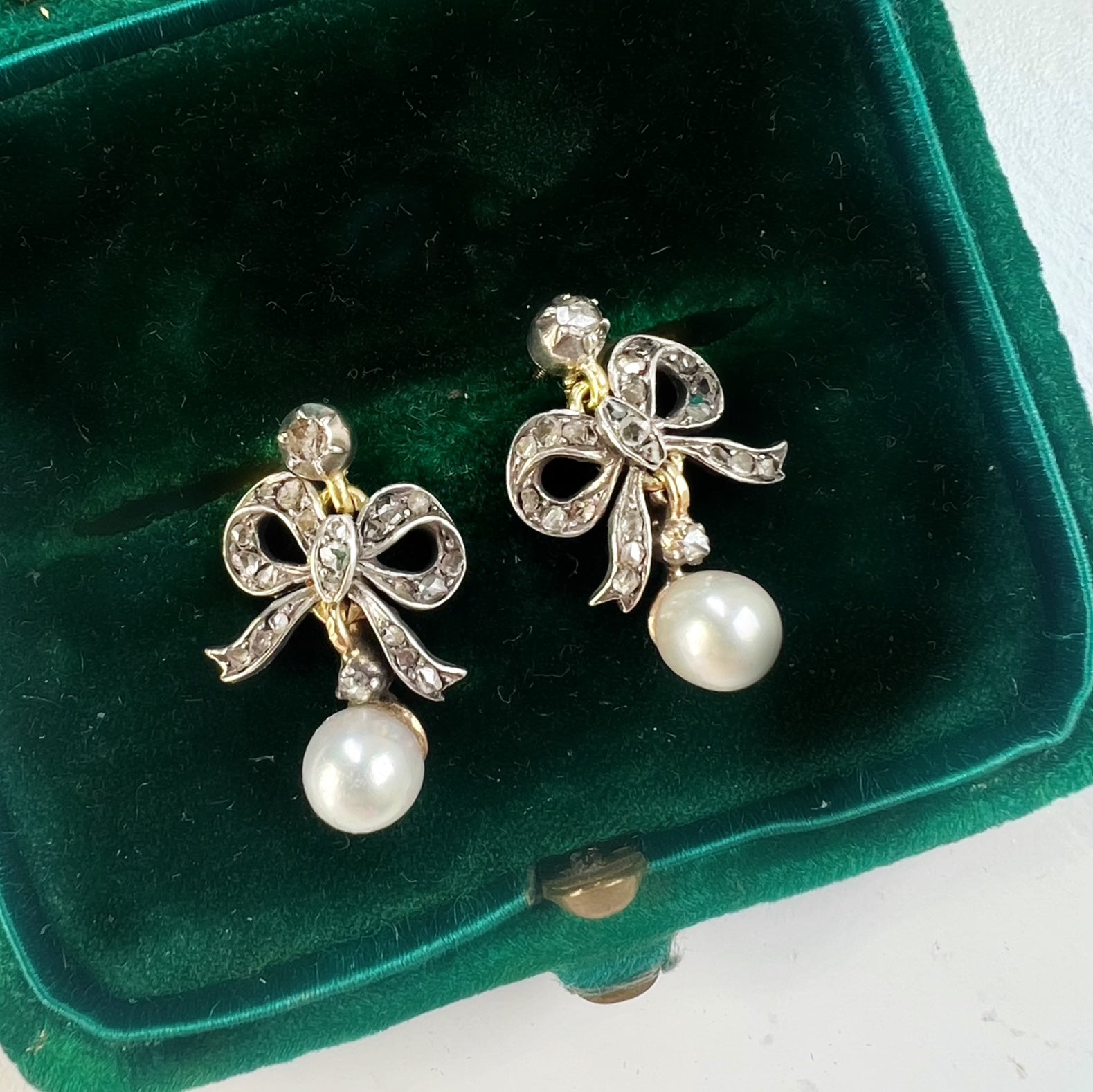 Antique Victorian Rose Cut Diamond and Pearl Bow Earrings