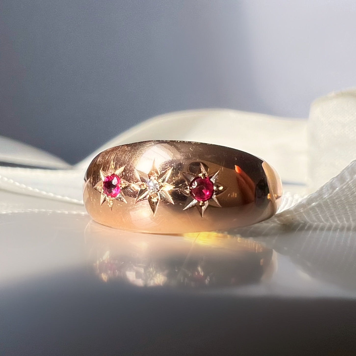 Antique Edwardian 9ct Gold with Star Set Diamond and Rubies