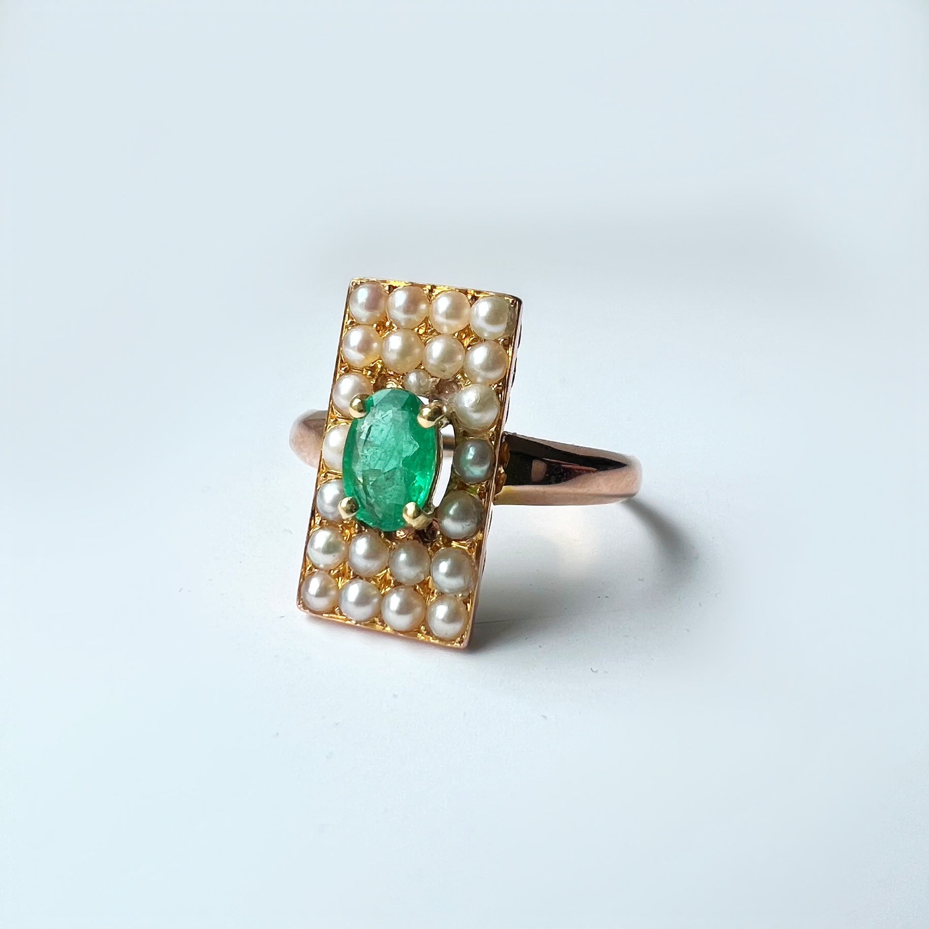 Antique Emerald and Pearl Rectangular Ring