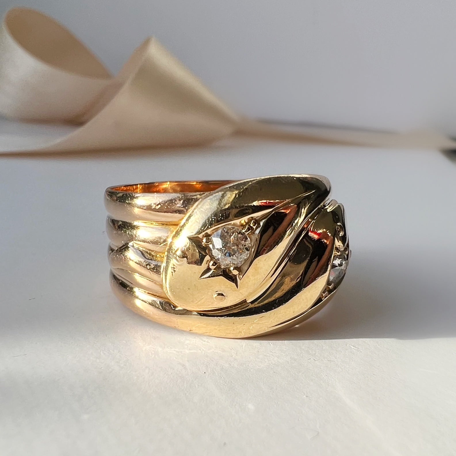 Victorian 18ct Gold Double Snake Ring with Diamonds