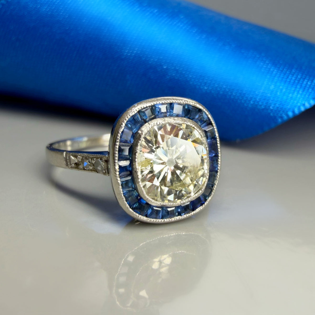 Antique Art Deco 1.32ct Old Cut Diamond and Sapphire Target Ring