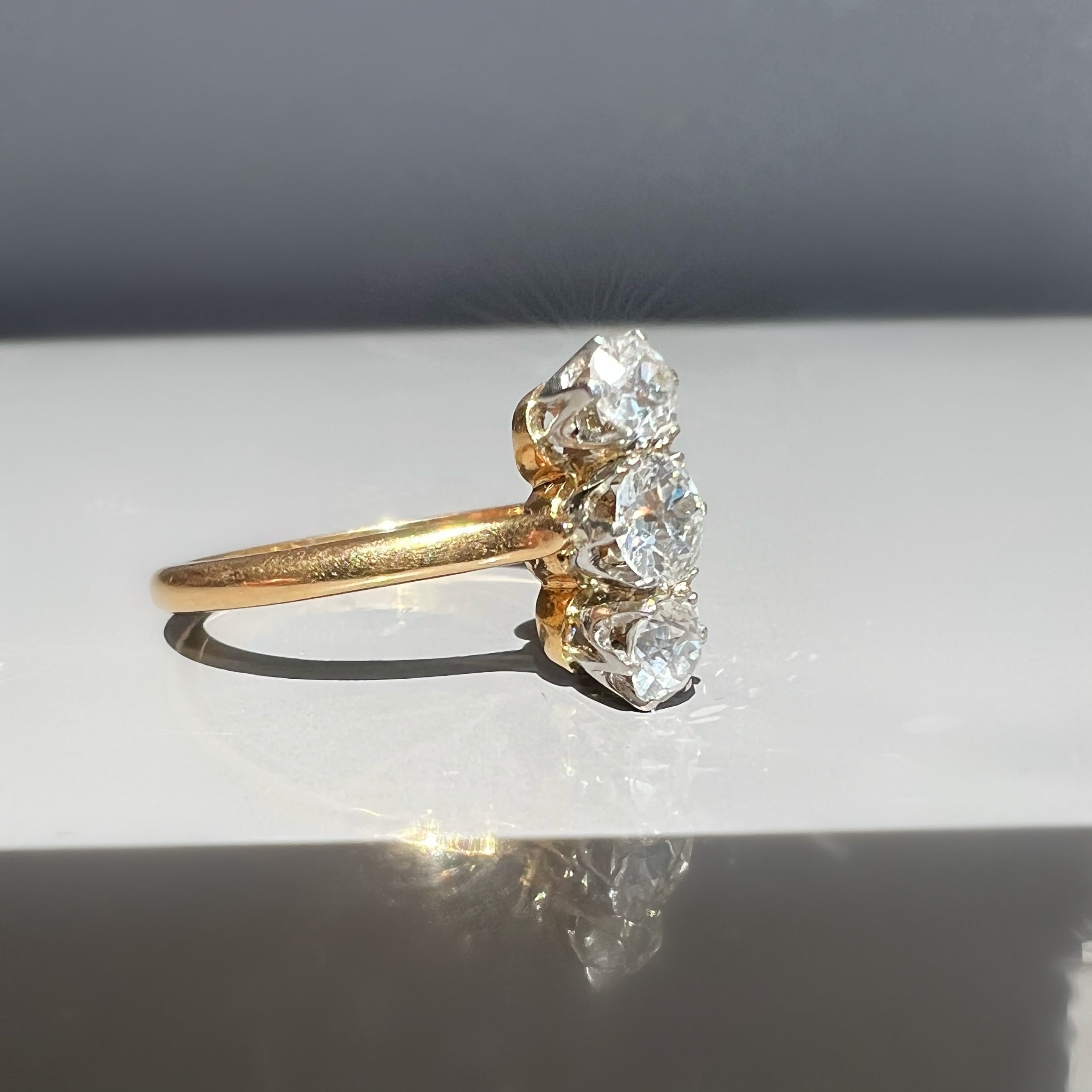 Antique Old Cut Diamond Vertical 3 Stone Ring