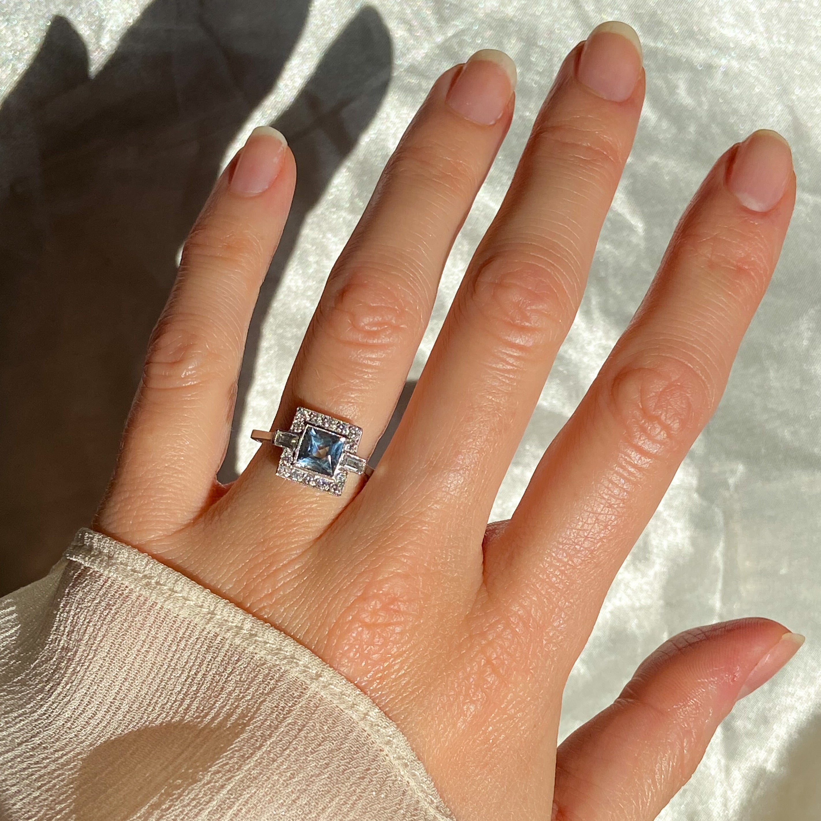Aquamarine and Diamond Square Cut Art Deco Style Ring