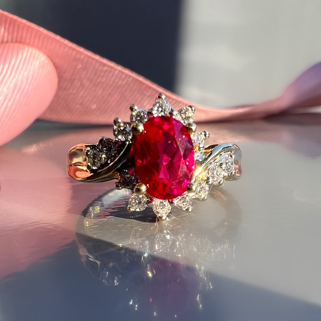 Ruby 0.75ct and Diamond Twist Cluster Ring