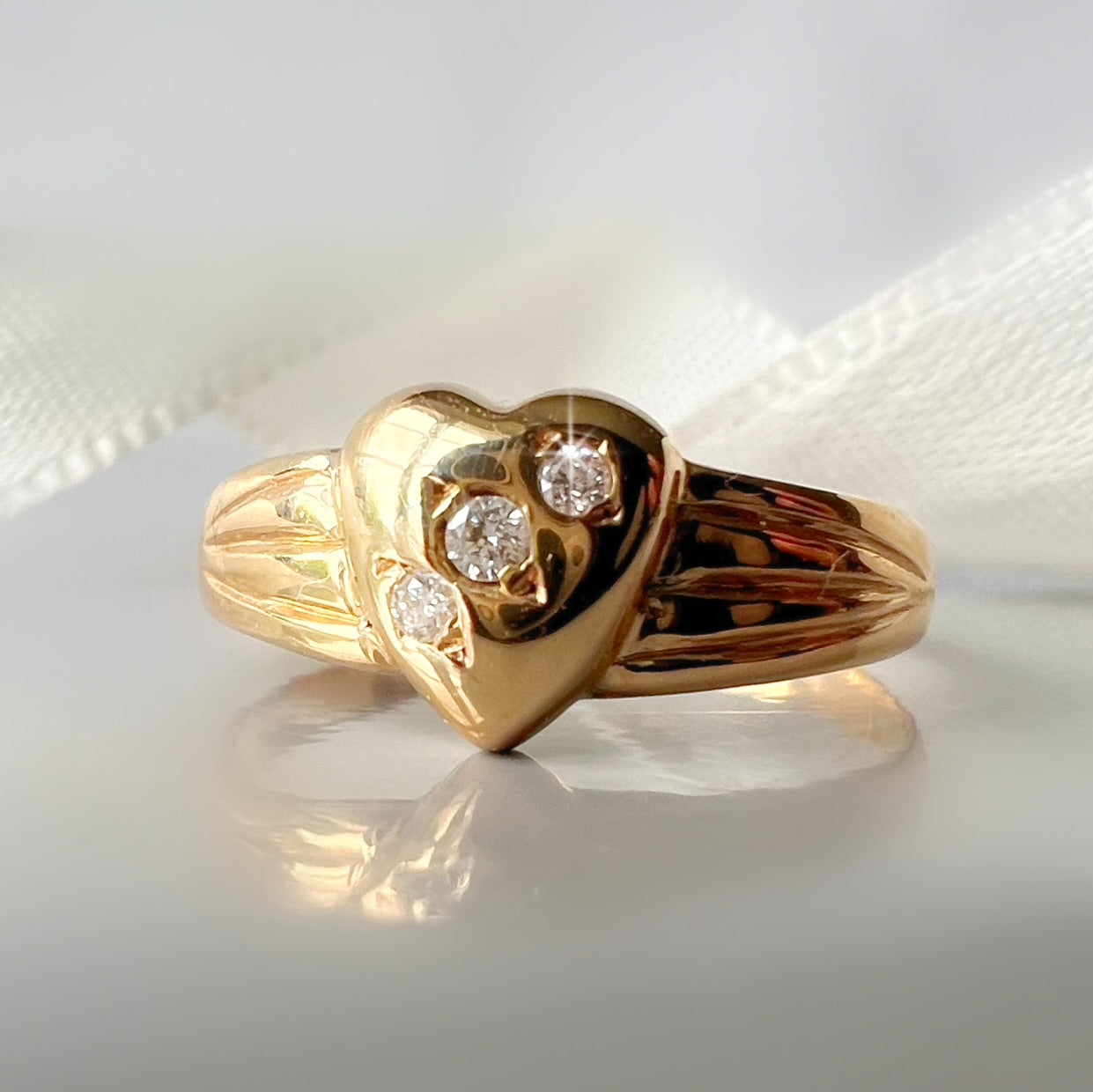 Antique 22ct Gold Heart Ring with 3 Diamonds