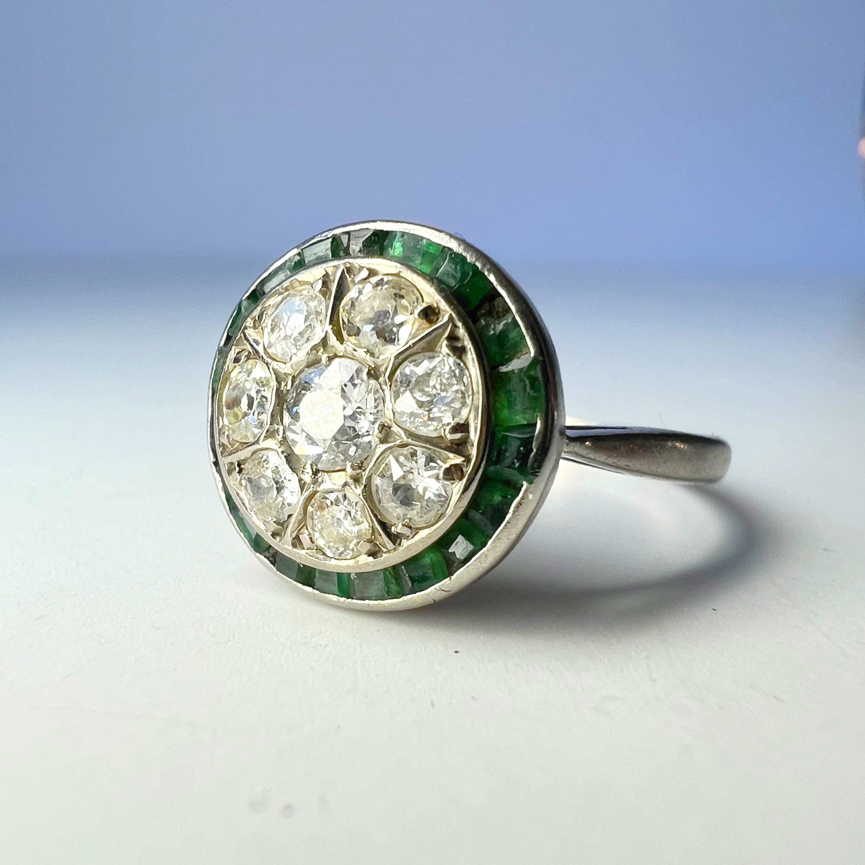 Antique Art Deco Emerald and Diamond Target Ring