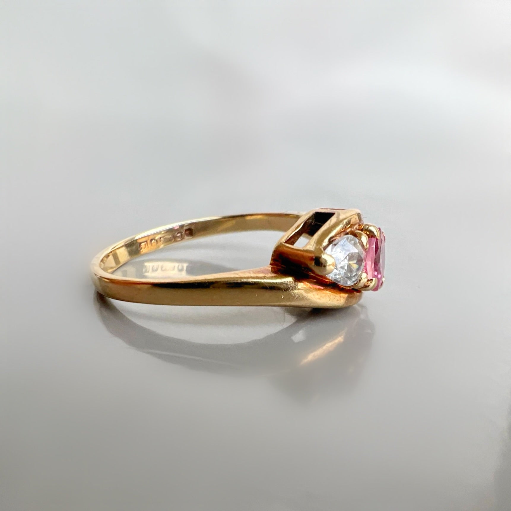 Antique Pink Tourmaline and Diamond 3 Stone Ring