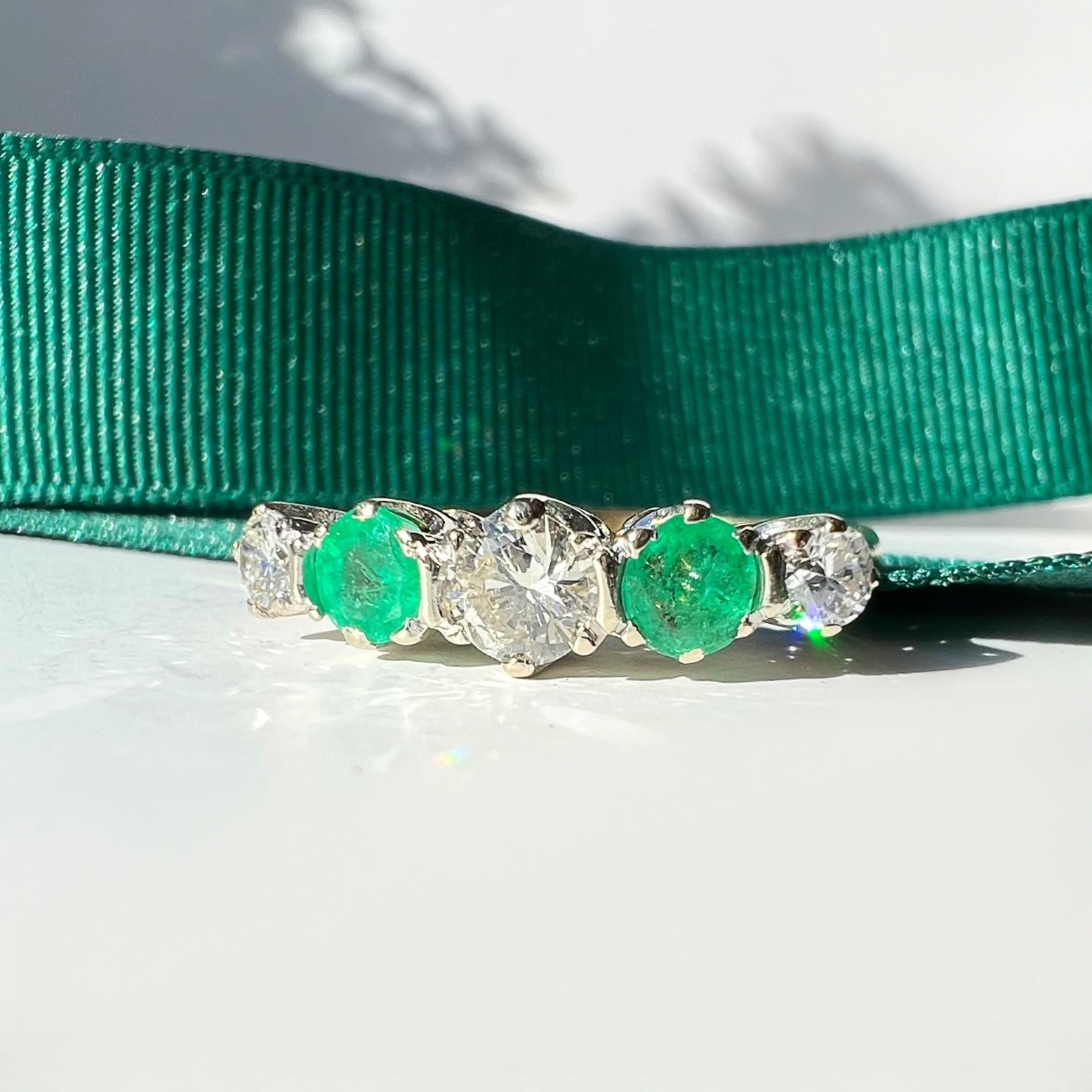 Vintage Diamond and Emerald 5 Stone Line Ring