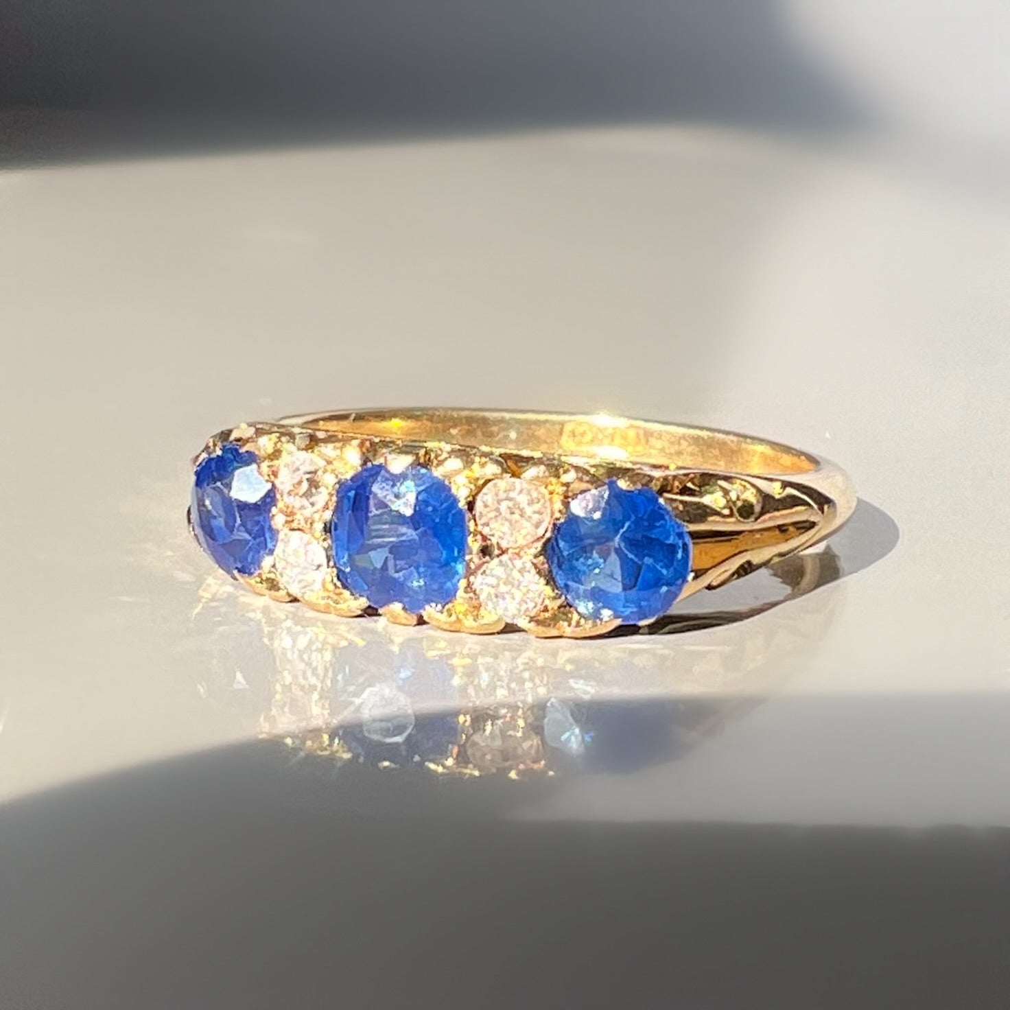 Edwardian Sapphire and Diamond Half Hoop 18ct Gold Carved Ring