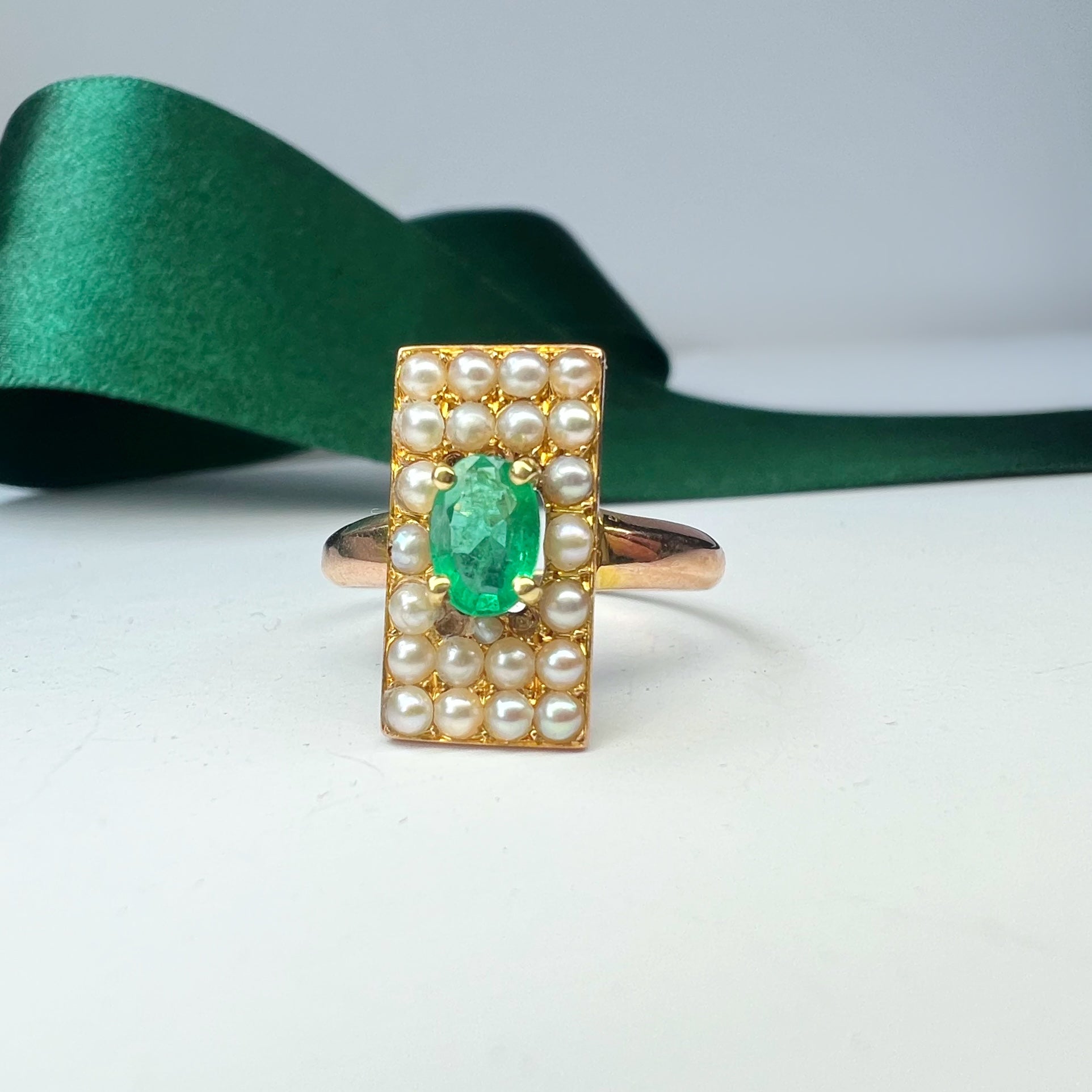 Antique Emerald and Pearl Rectangular Ring