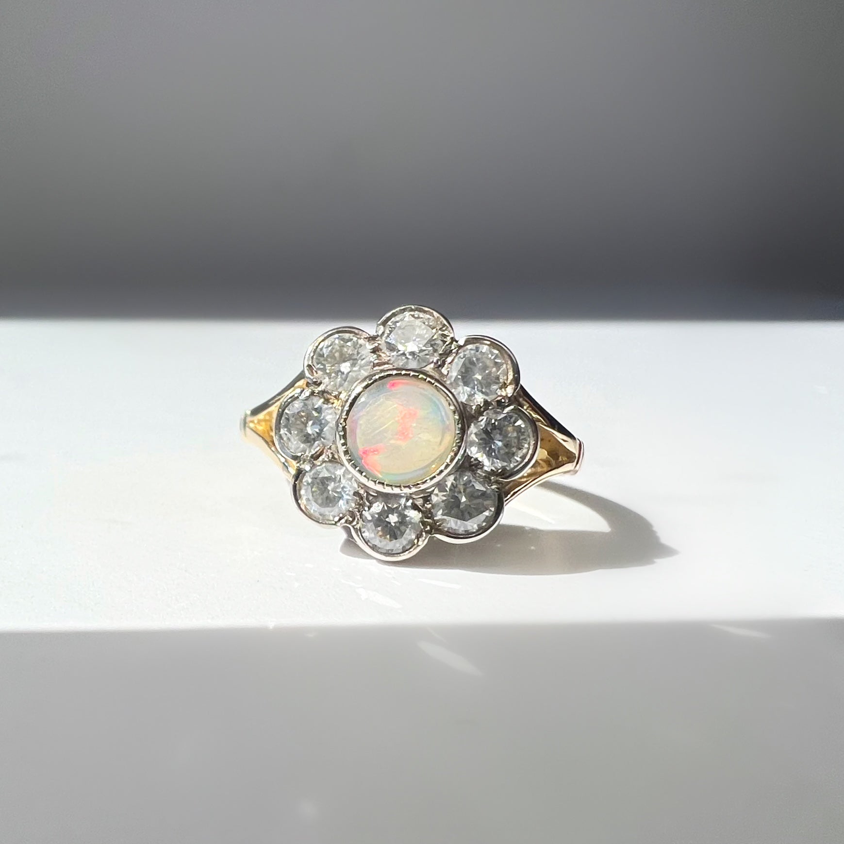 Opal and Diamond Daisy Cluster Ring