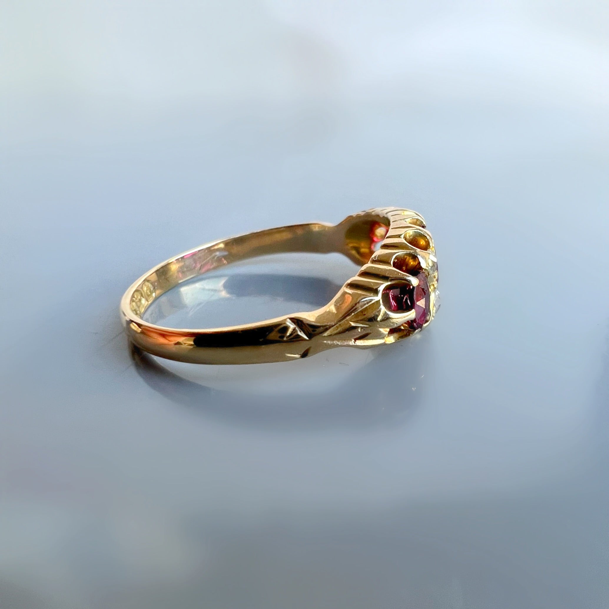 Antique Unheated Ruby and Diamond Half Hoop Ring
