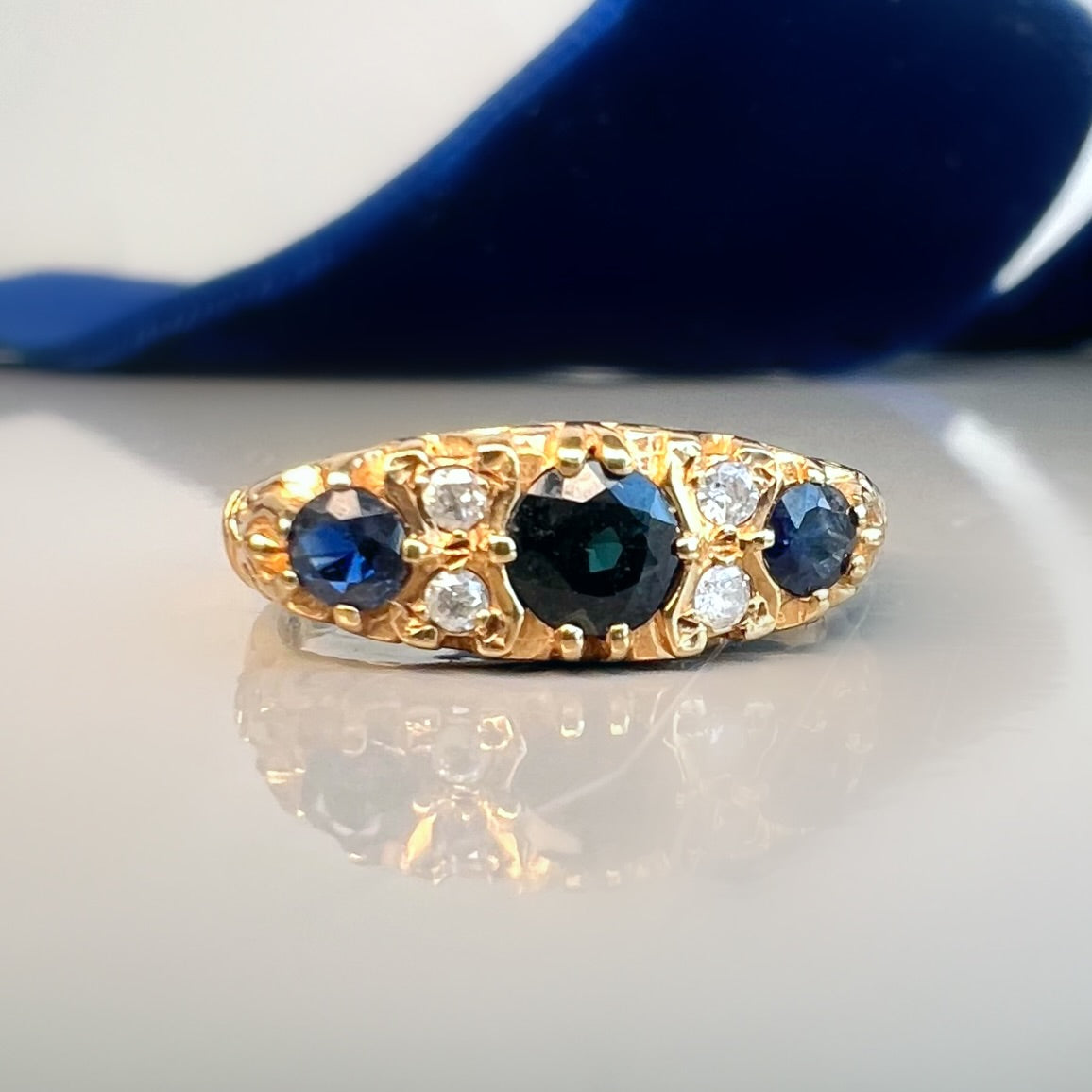 Vintage 3 Sapphire 9ct Gold Half Hoop Ring with Diamond Accents