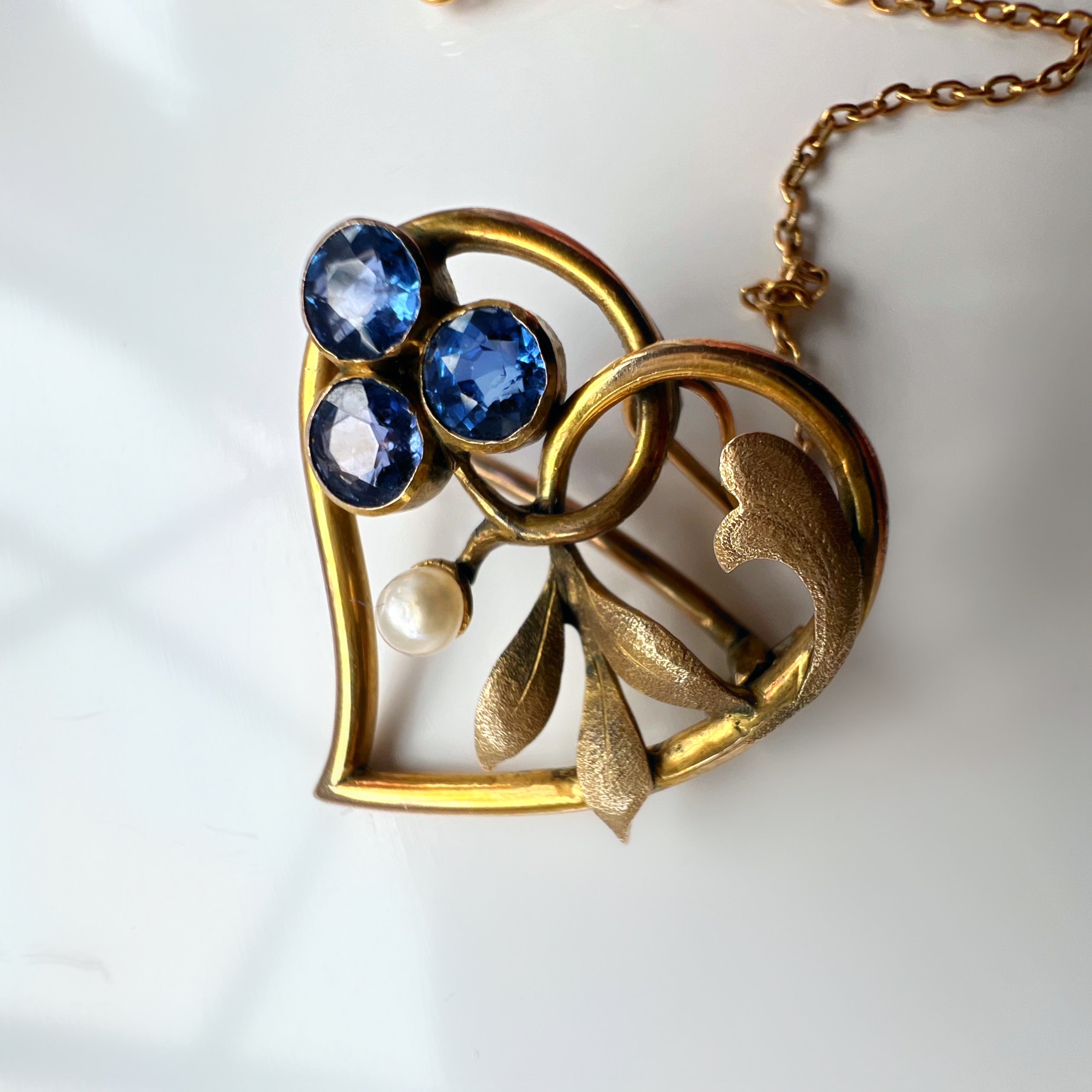 Antique Floral Heart Brooch / Pendant with Sapphires