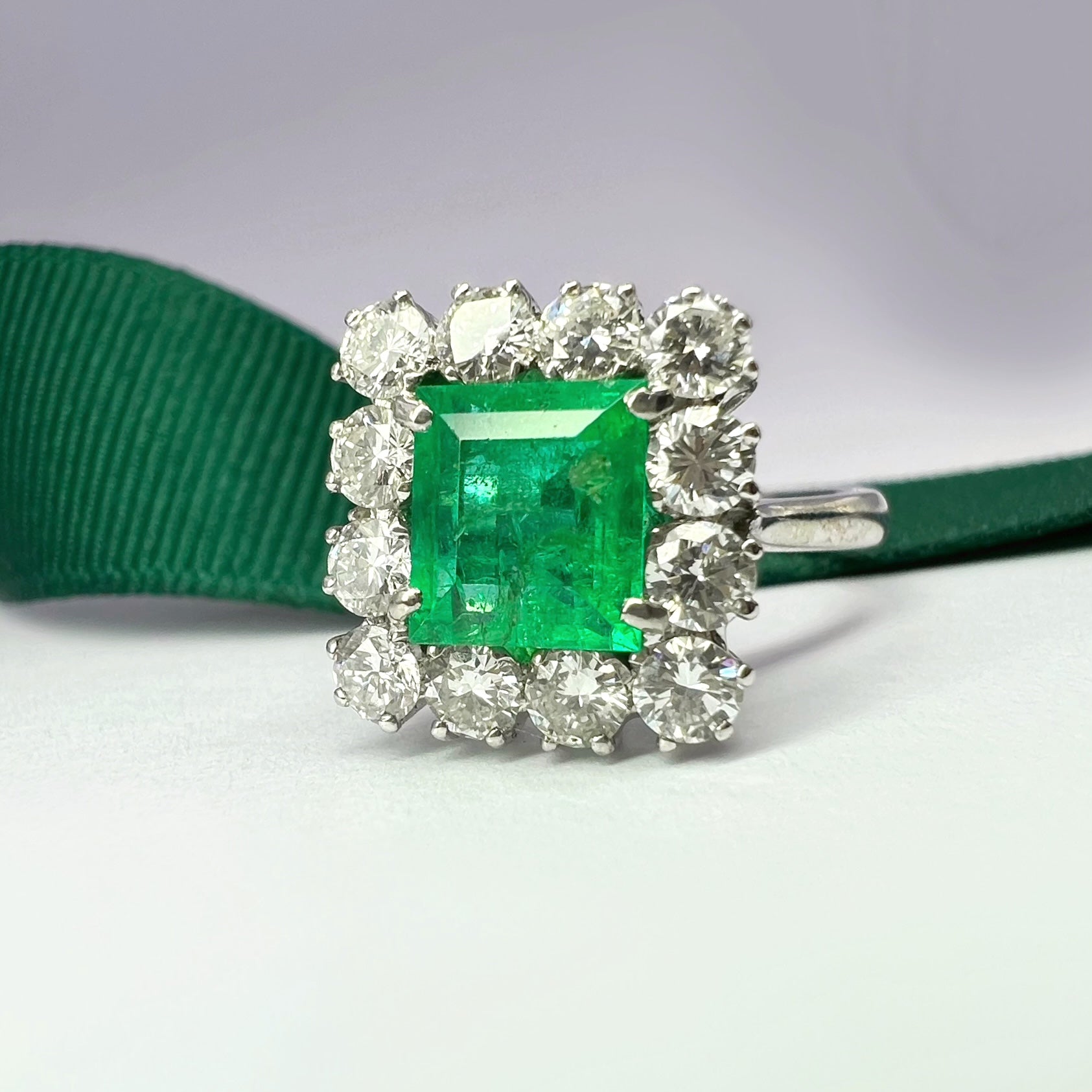 1.46ct Emerald and Diamond Square Cut Halo Ring
