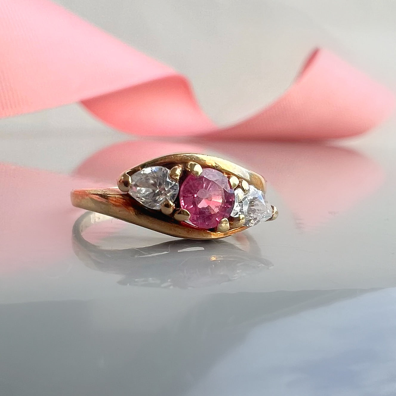 Antique Pink Tourmaline and Diamond 3 Stone Ring