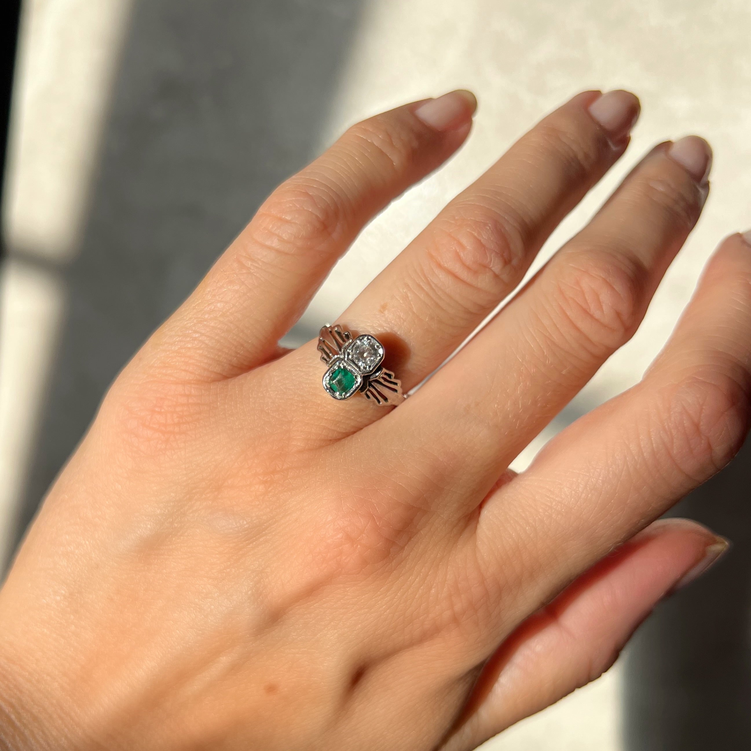 Art Deco Emerald and Diamond 2 Stone Ring