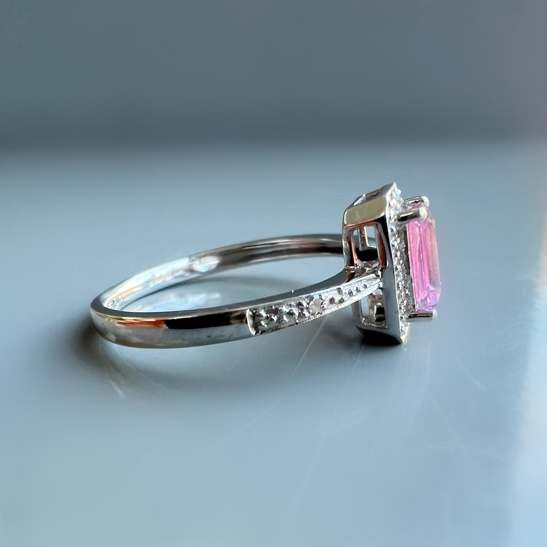 Pink Sapphire Halo Ring in 9ct White Gold